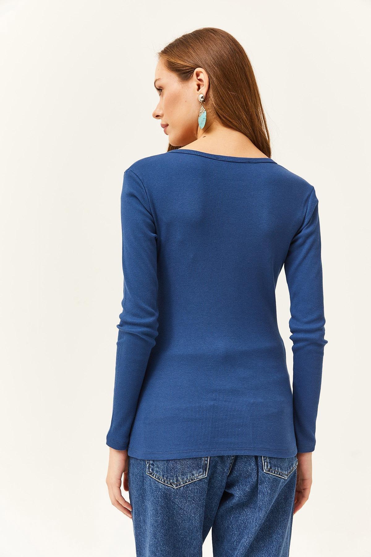 Blue U-Neck Patchwork Blouse, Indigo, large image number 4