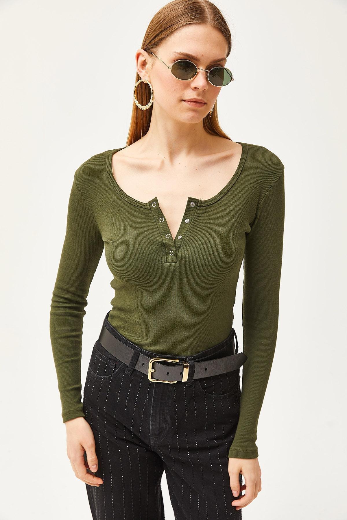 Green Basic Blouse, Khaki, large image number 3