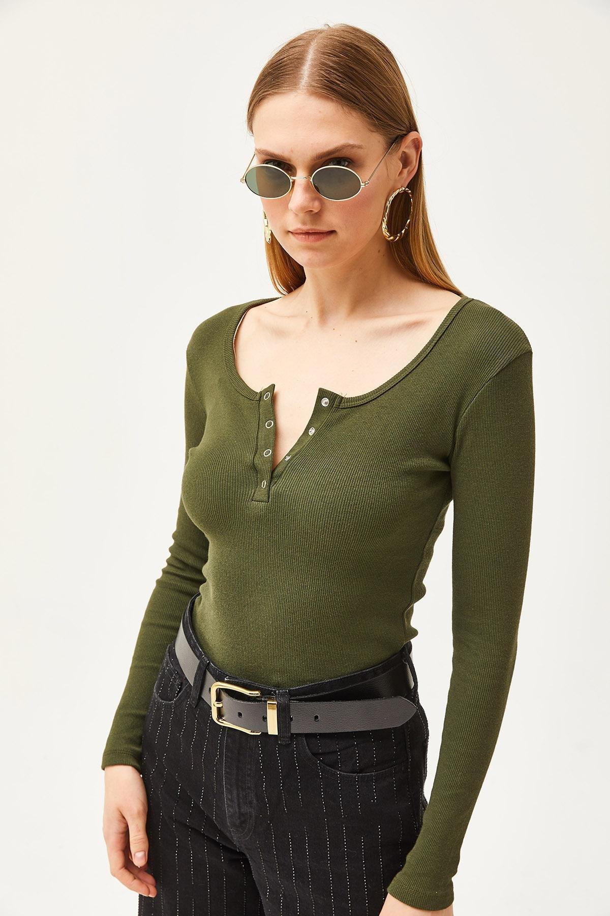 Green Basic Blouse, Khaki, large image number 4