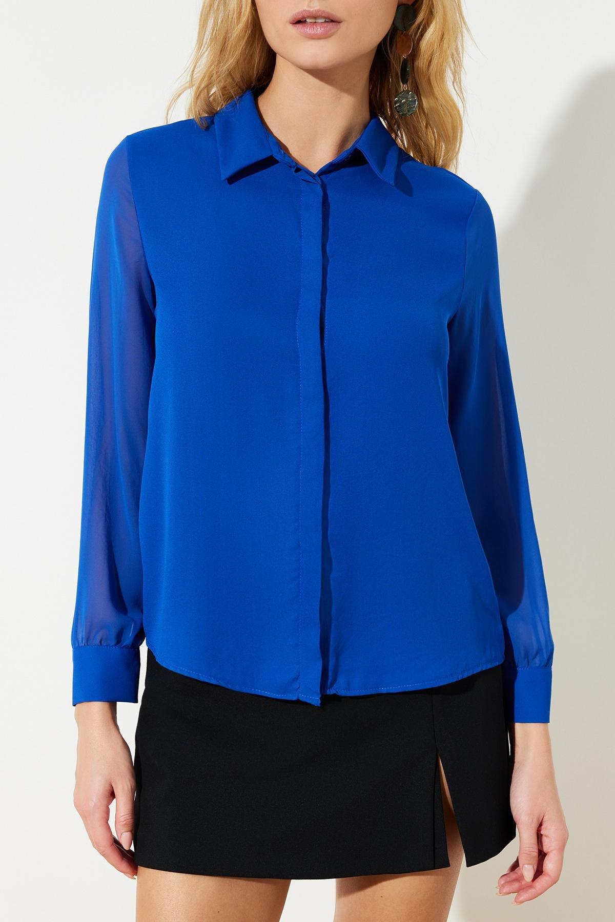 Blue Sleeve Chiffon Crepe Woven Shirt, , large image number 4