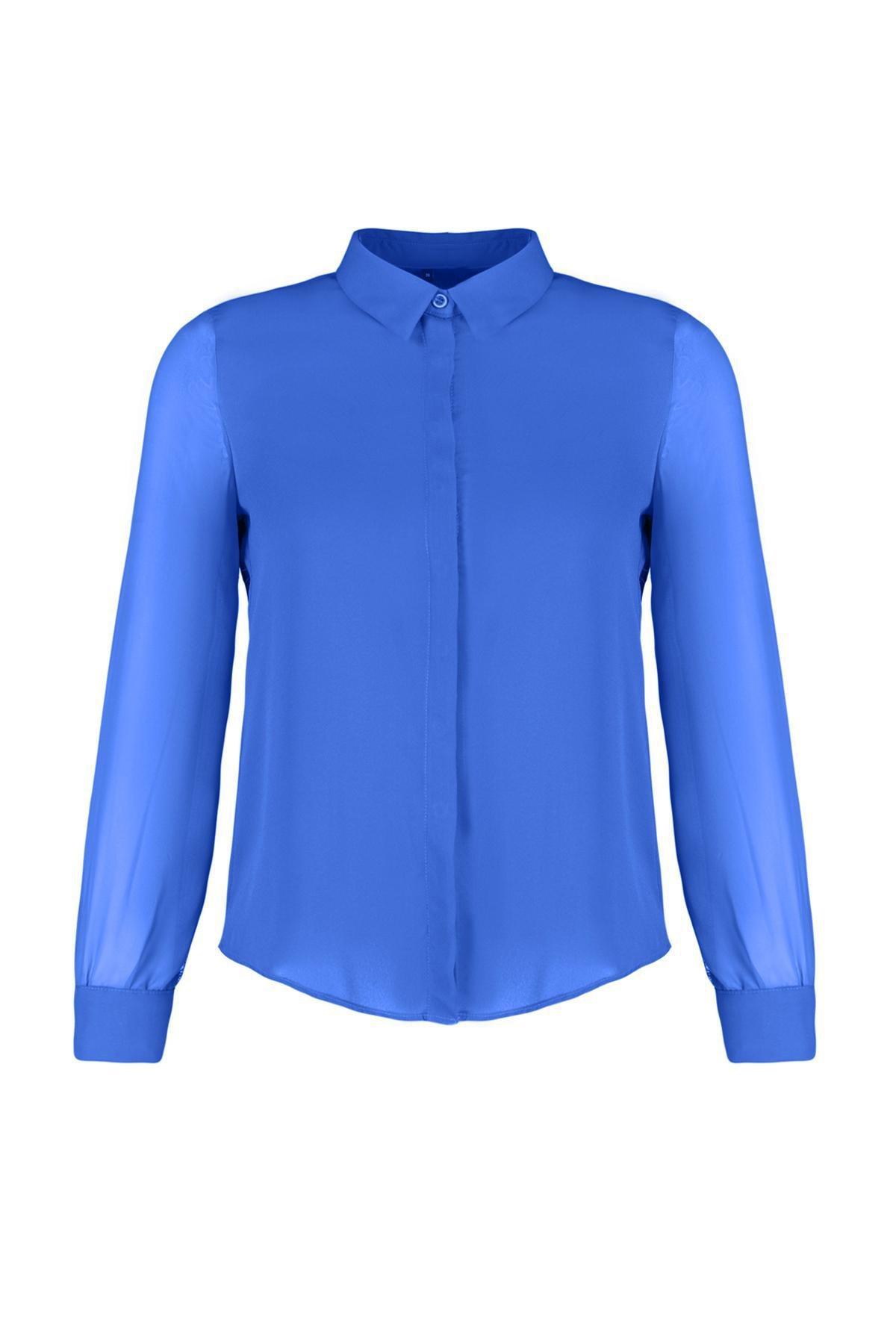 Blue Sleeve Chiffon Crepe Woven Shirt, , large image number 5