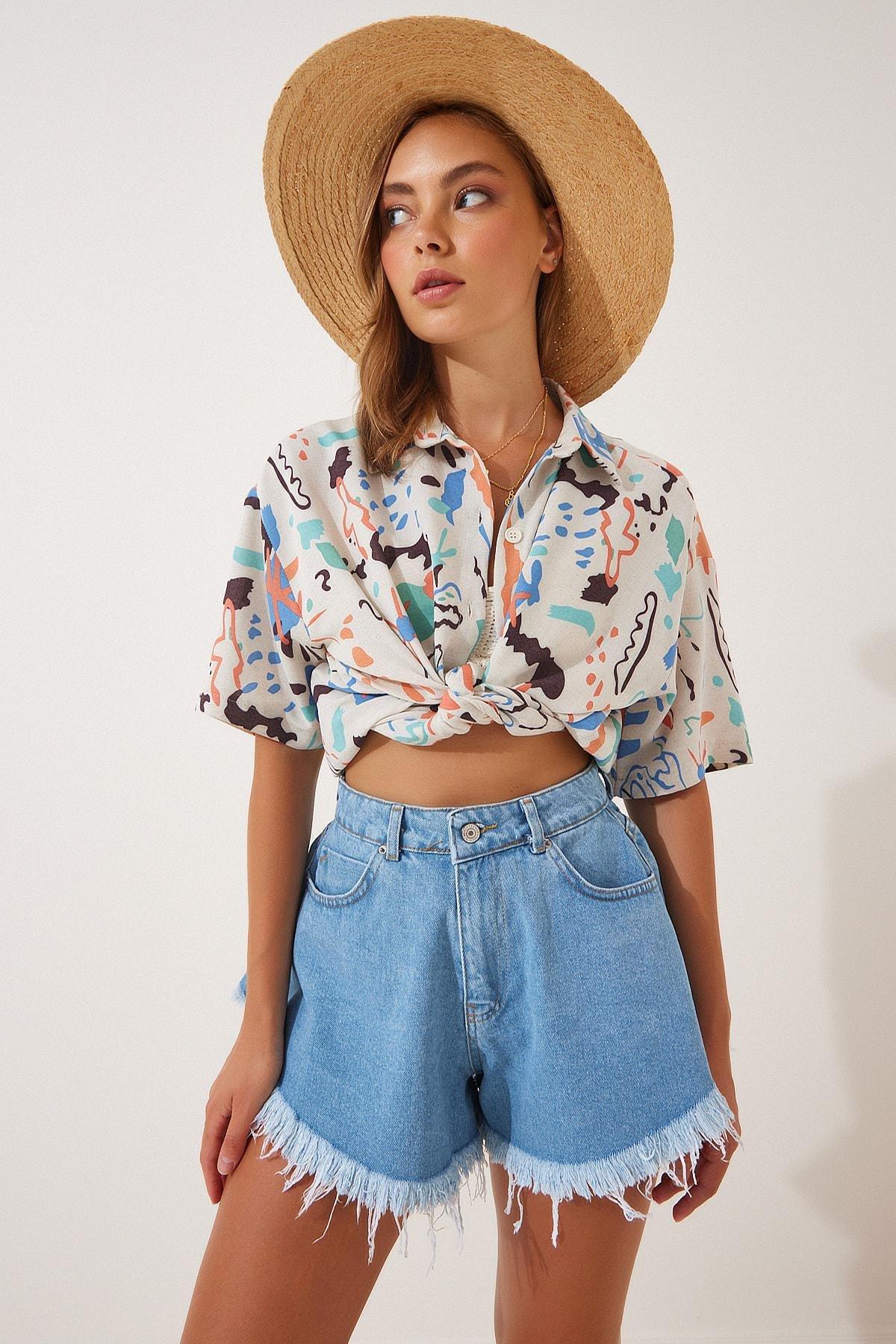 Blue High Waist Mom Shorts, , large image number 1