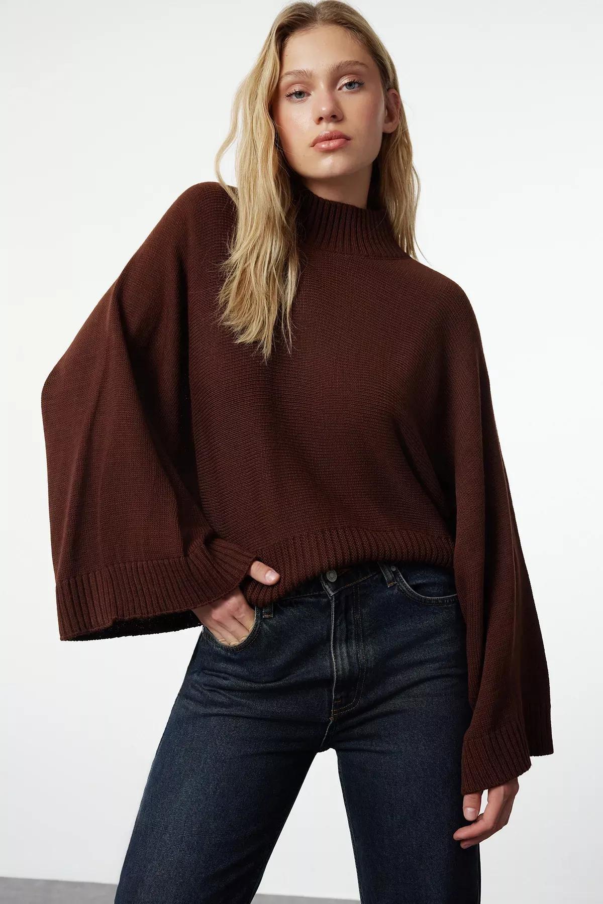 Brown Wide Sleeve Knitwear Sweater, Brown, large image number 0