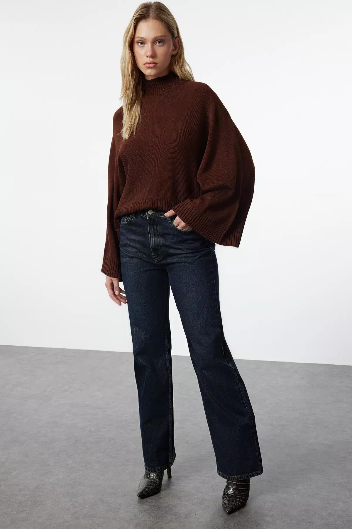 Brown Wide Sleeve Knitwear Sweater, Brown, medium