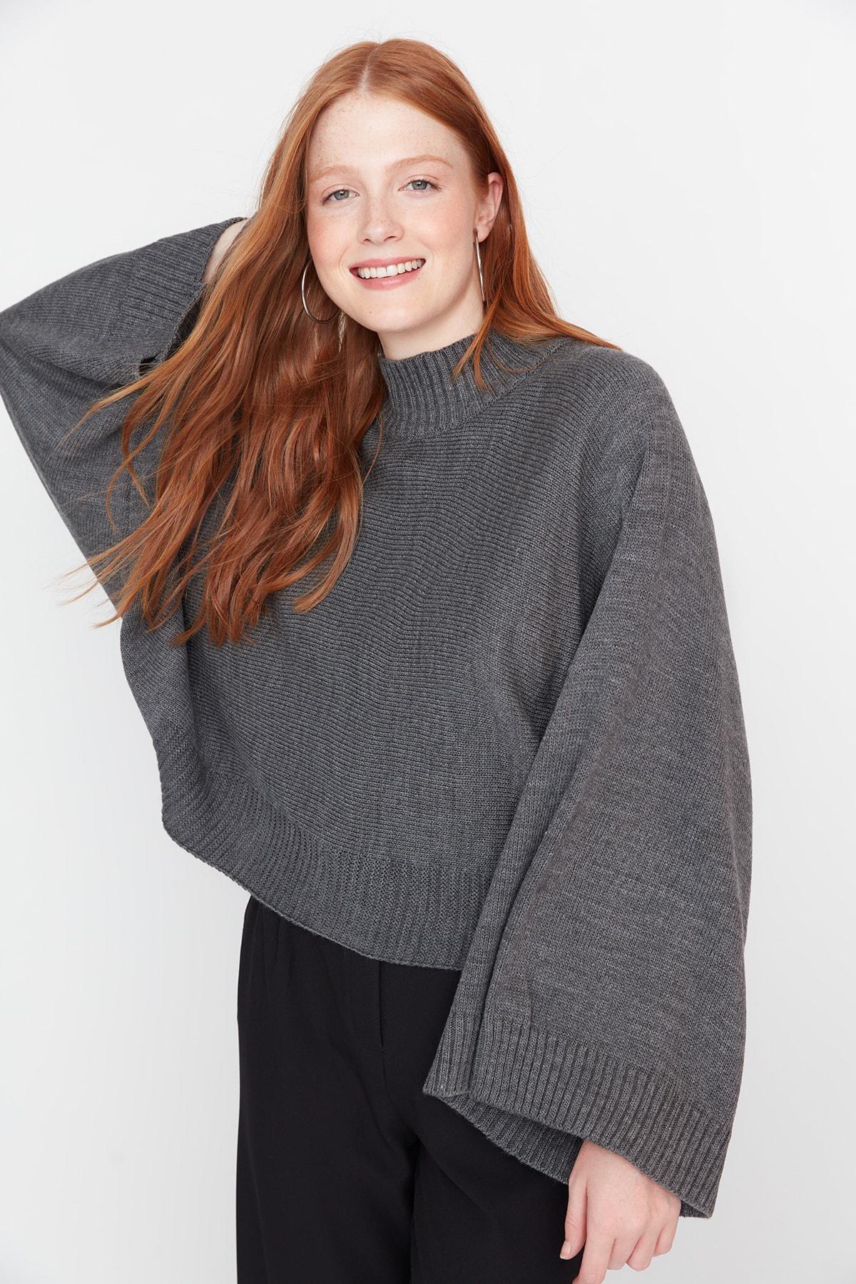 Grey Batwing Sleeve Sweater, , large image number 0