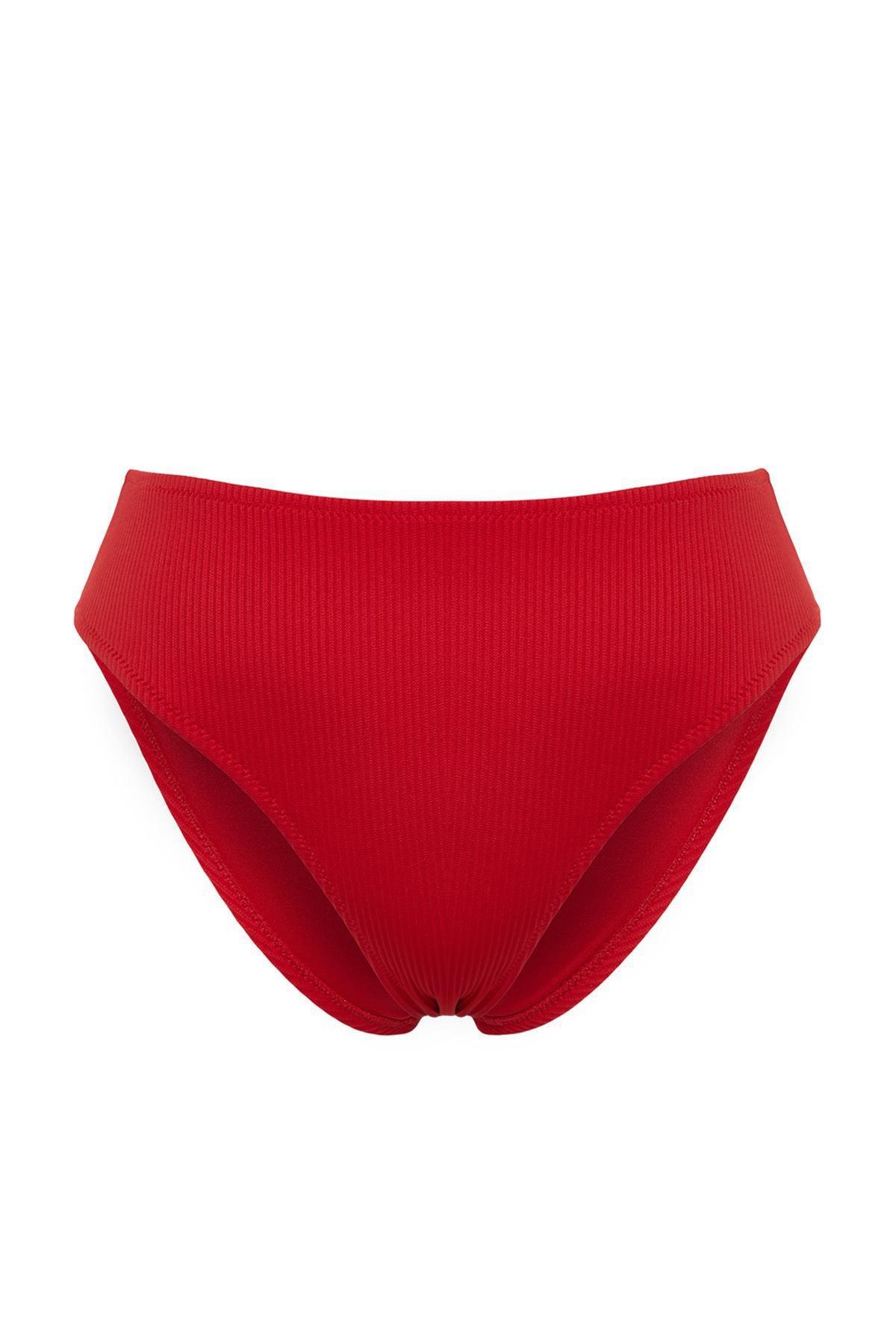 Trendyol - Red Textured High Waist Bikini Bottom