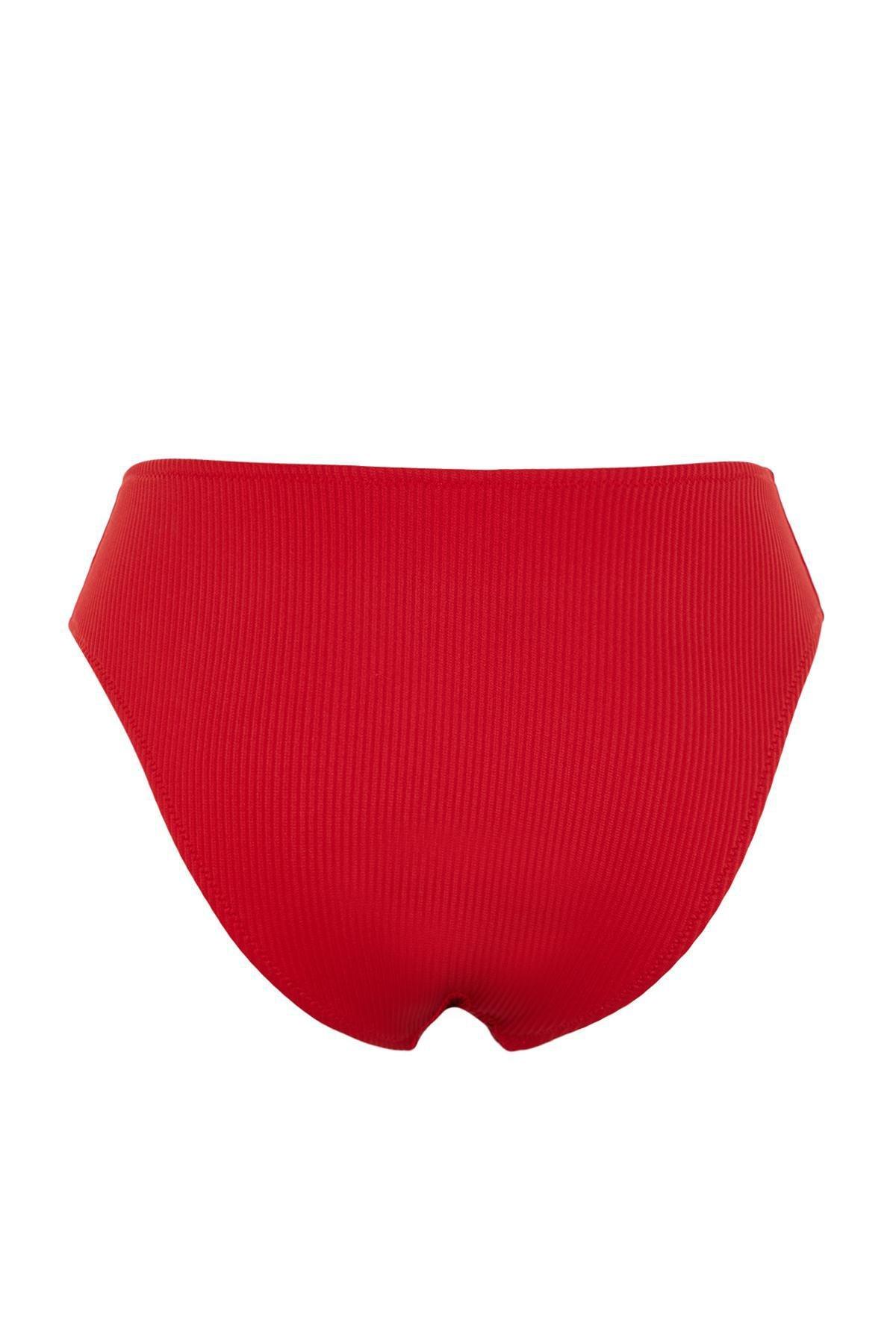 Trendyol - Red Textured High Waist Bikini Bottom
