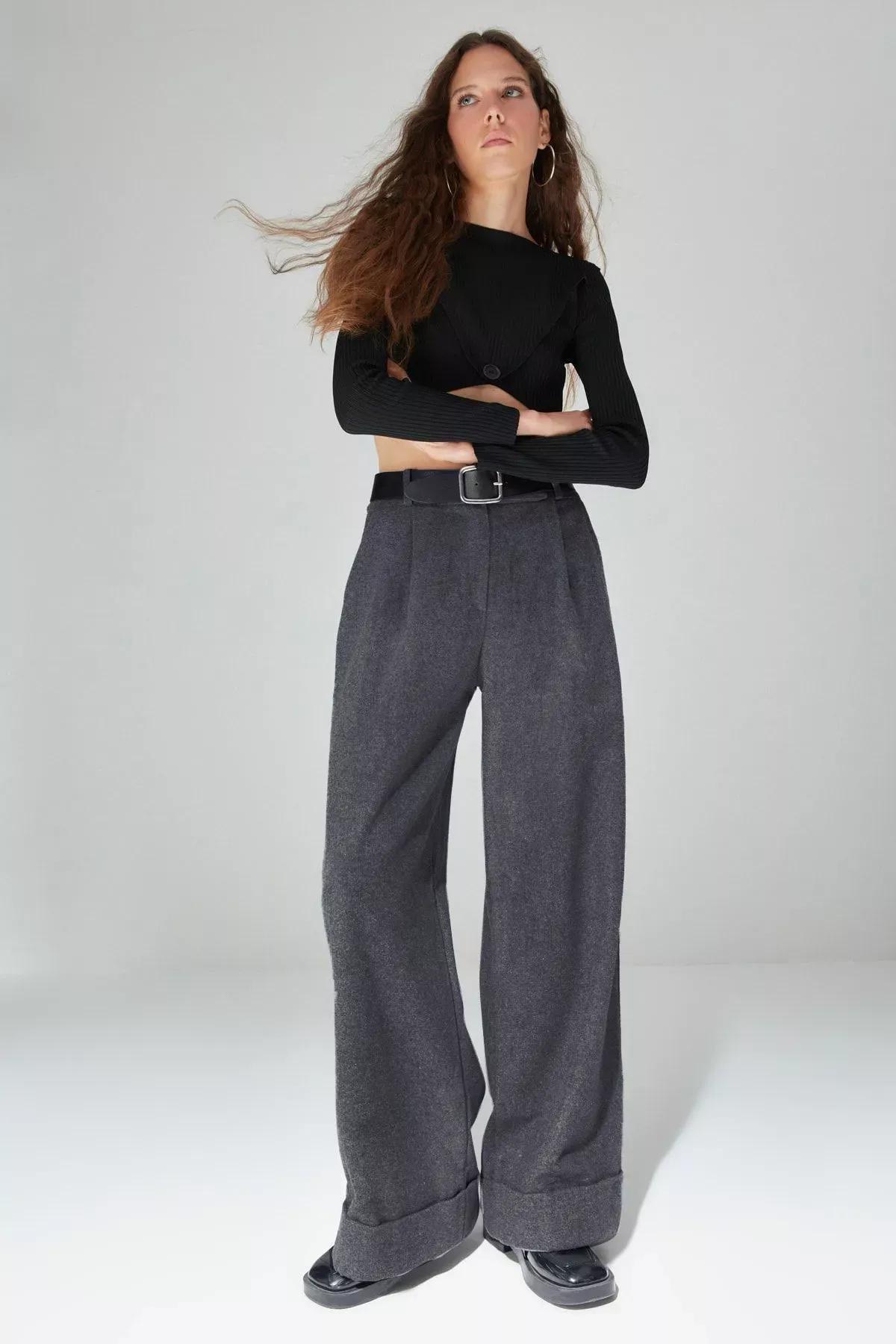 Grey Wide Leg Pants, Gray, large image number 1