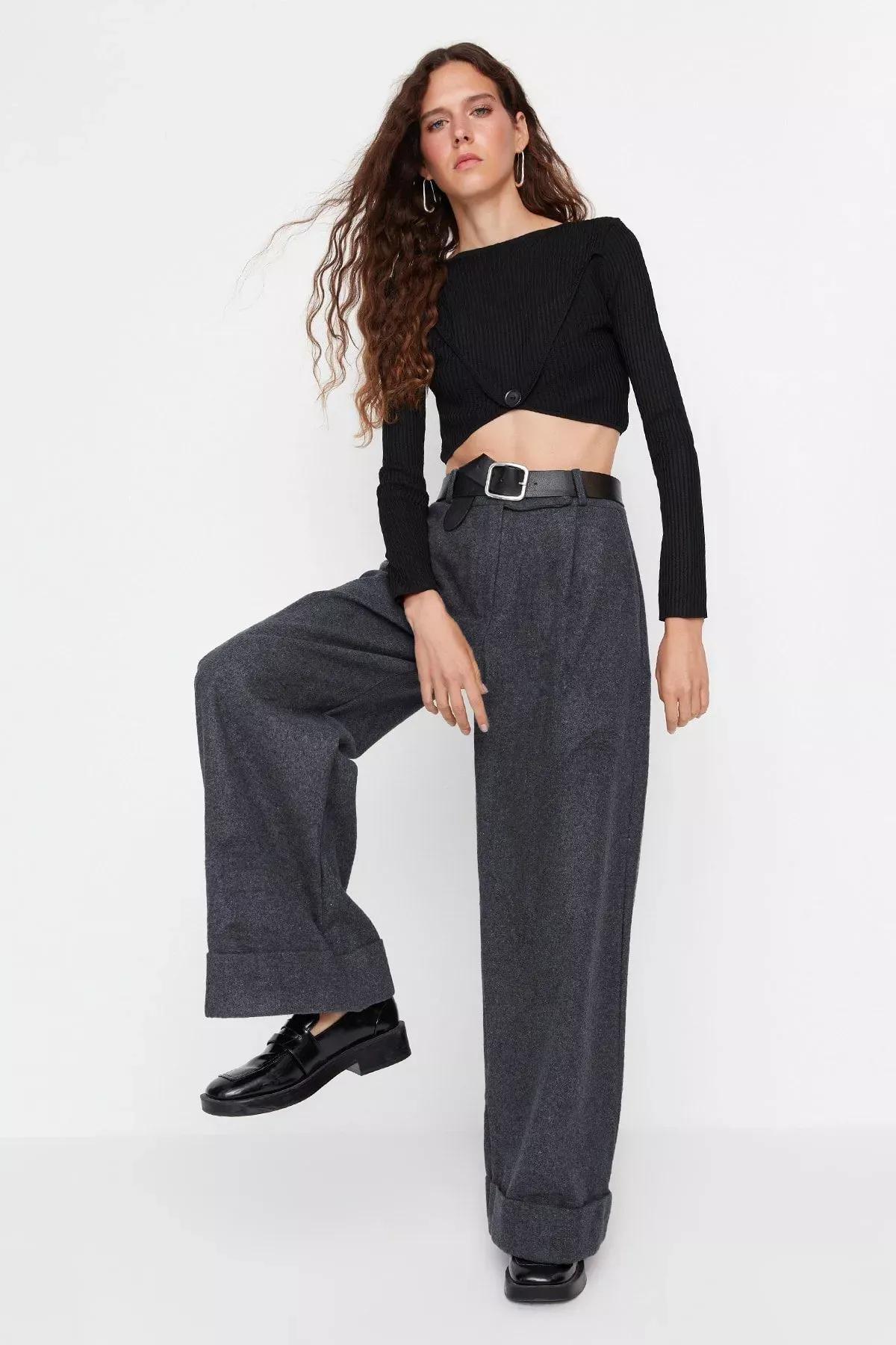 Grey Wide Leg Pants, Gray, large image number 3