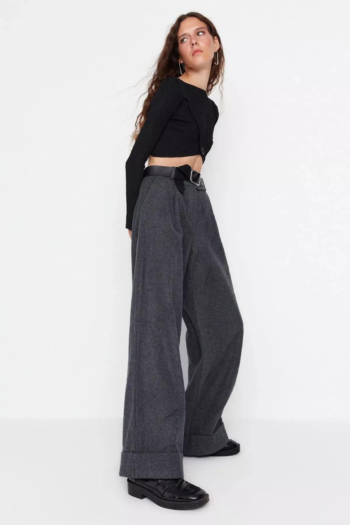 Grey Wide Leg Pants, Gray, large image number 4