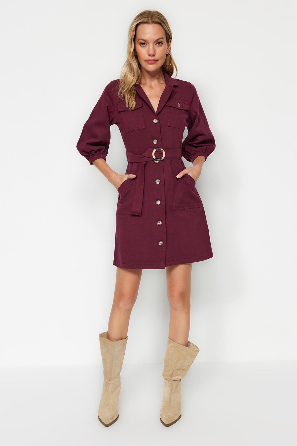 Burgundy Belted Mini Button Detailed Woven Dress, Burgundy, large image number 0