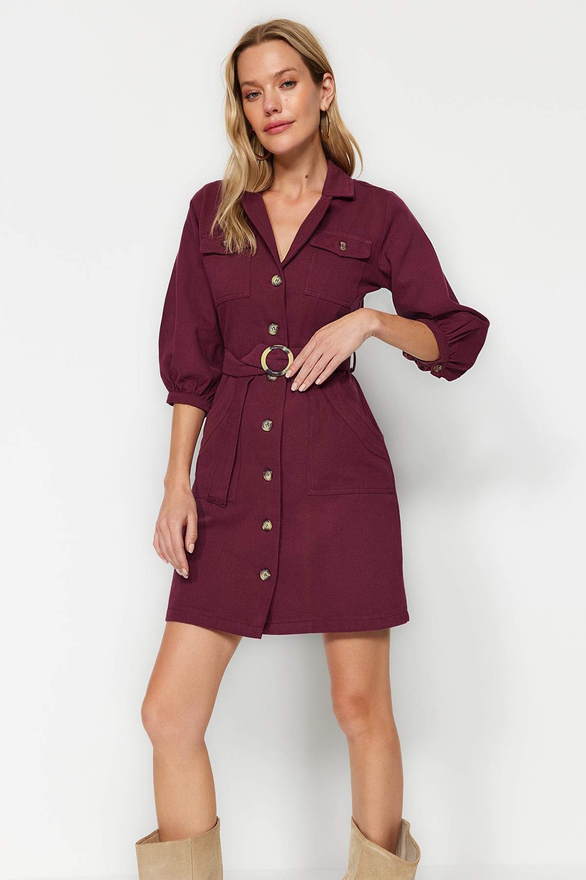 Burgundy Belted Mini Button Detailed Woven Dress, Burgundy, large image number 1
