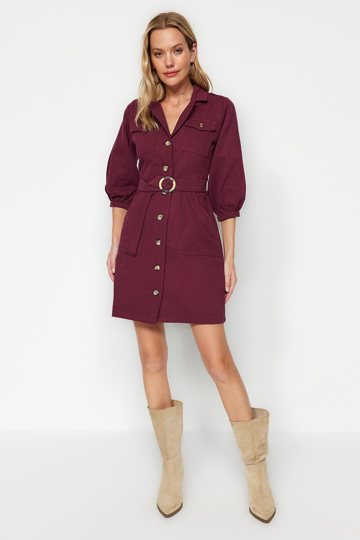 Burgundy Belted Mini Button Detailed Woven Dress, Burgundy, large image number 2
