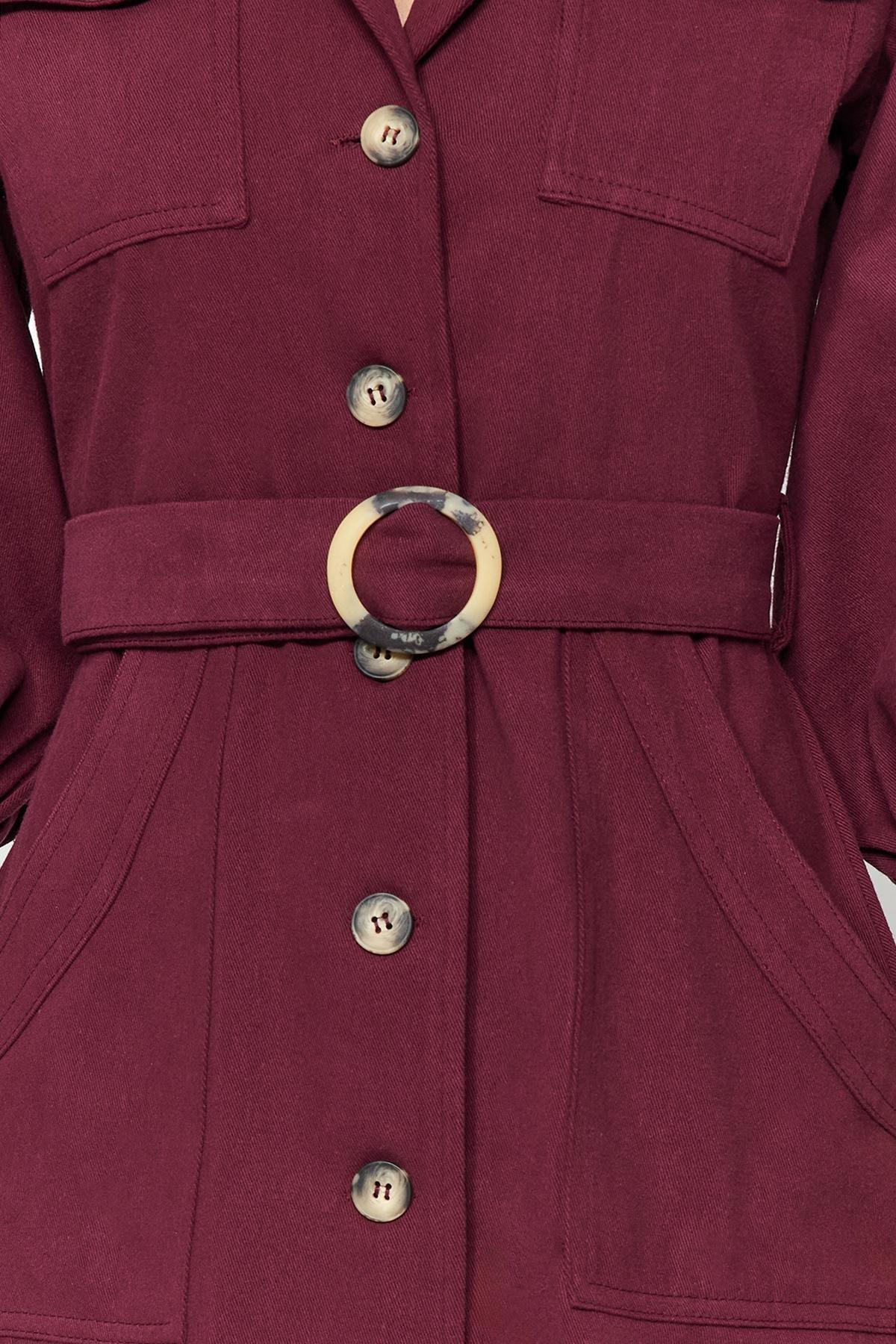 Burgundy Belted Mini Button Detailed Woven Dress, Burgundy, large image number 3