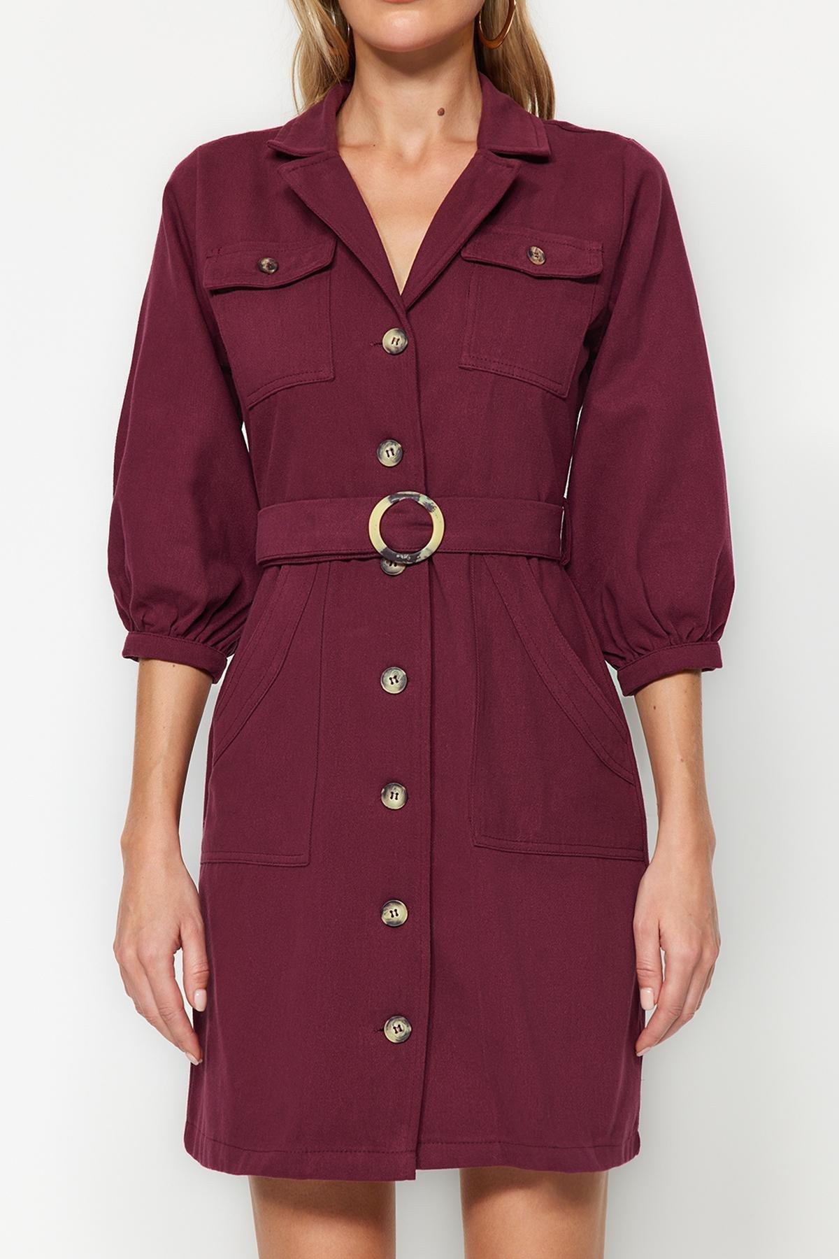 Burgundy Belted Mini Button Detailed Woven Dress, Burgundy, large image number 4