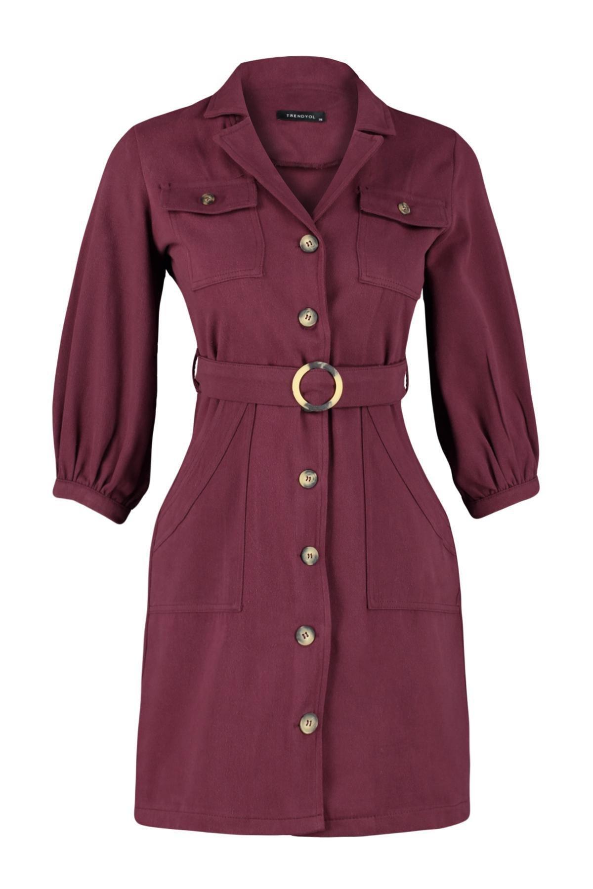 Burgundy Belted Mini Button Detailed Woven Dress, Burgundy, large image number 5