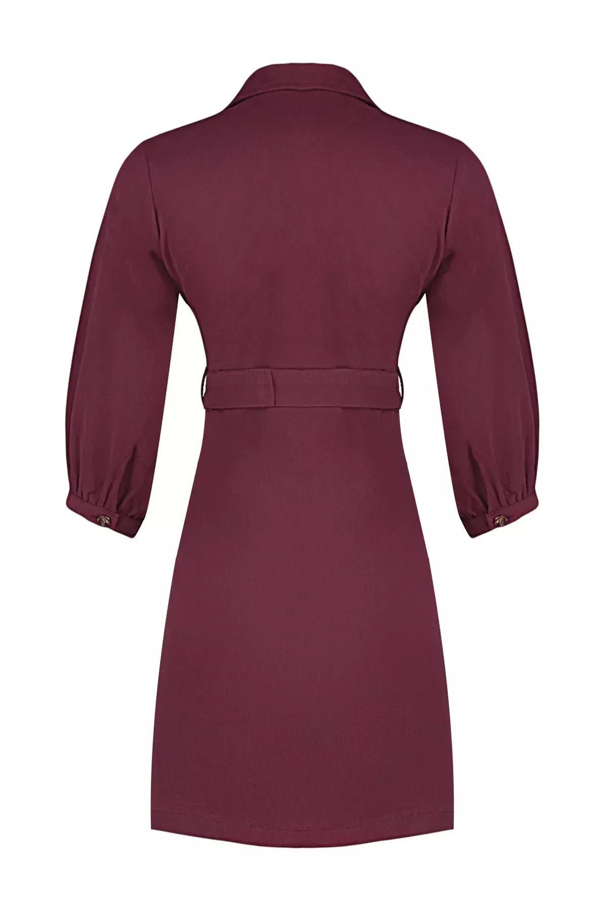 Burgundy Belted Mini Button Detailed Woven Dress, Burgundy, large image number 6