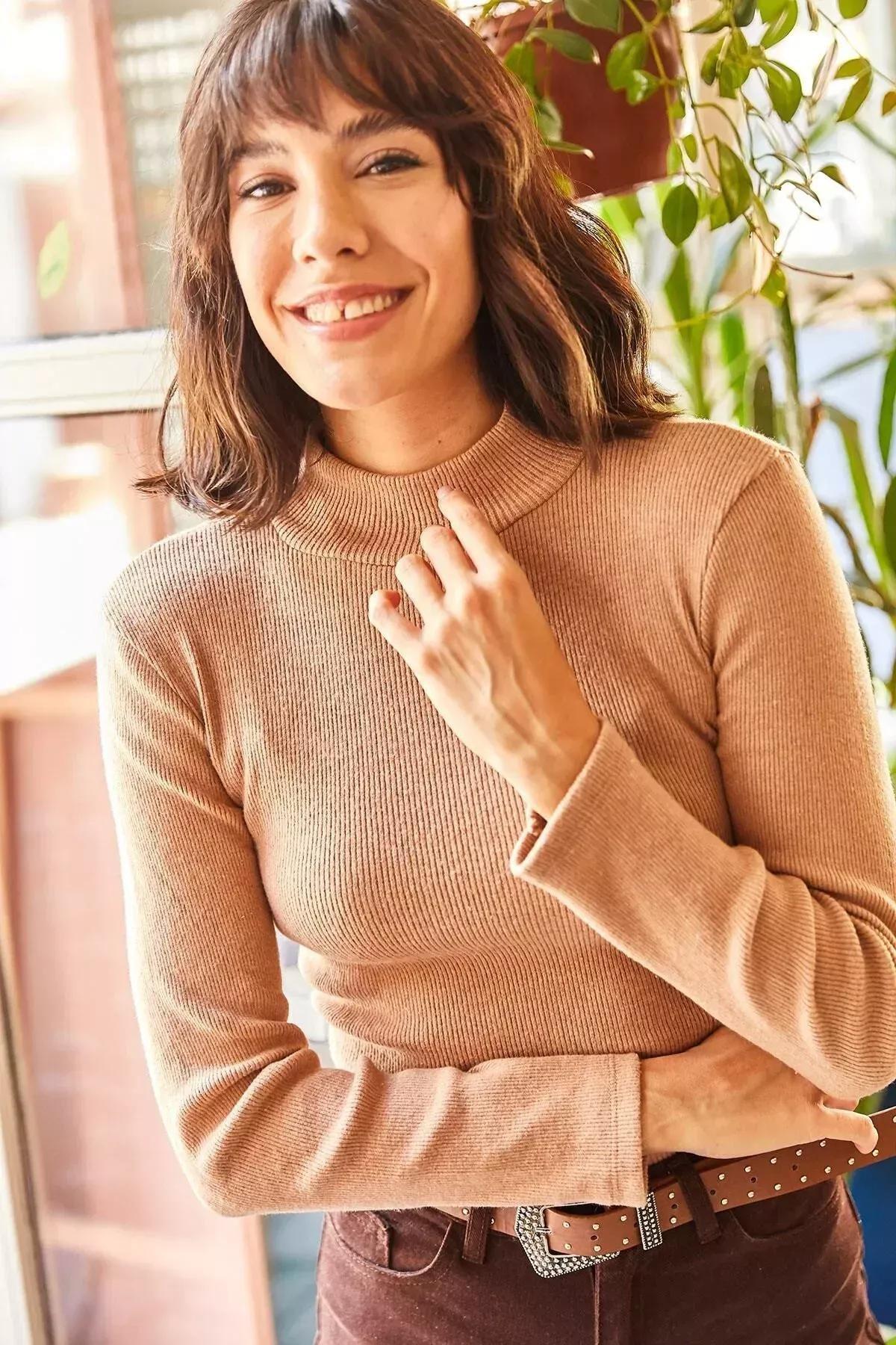 Brown High Neck Sweater, Brown, large image number 3