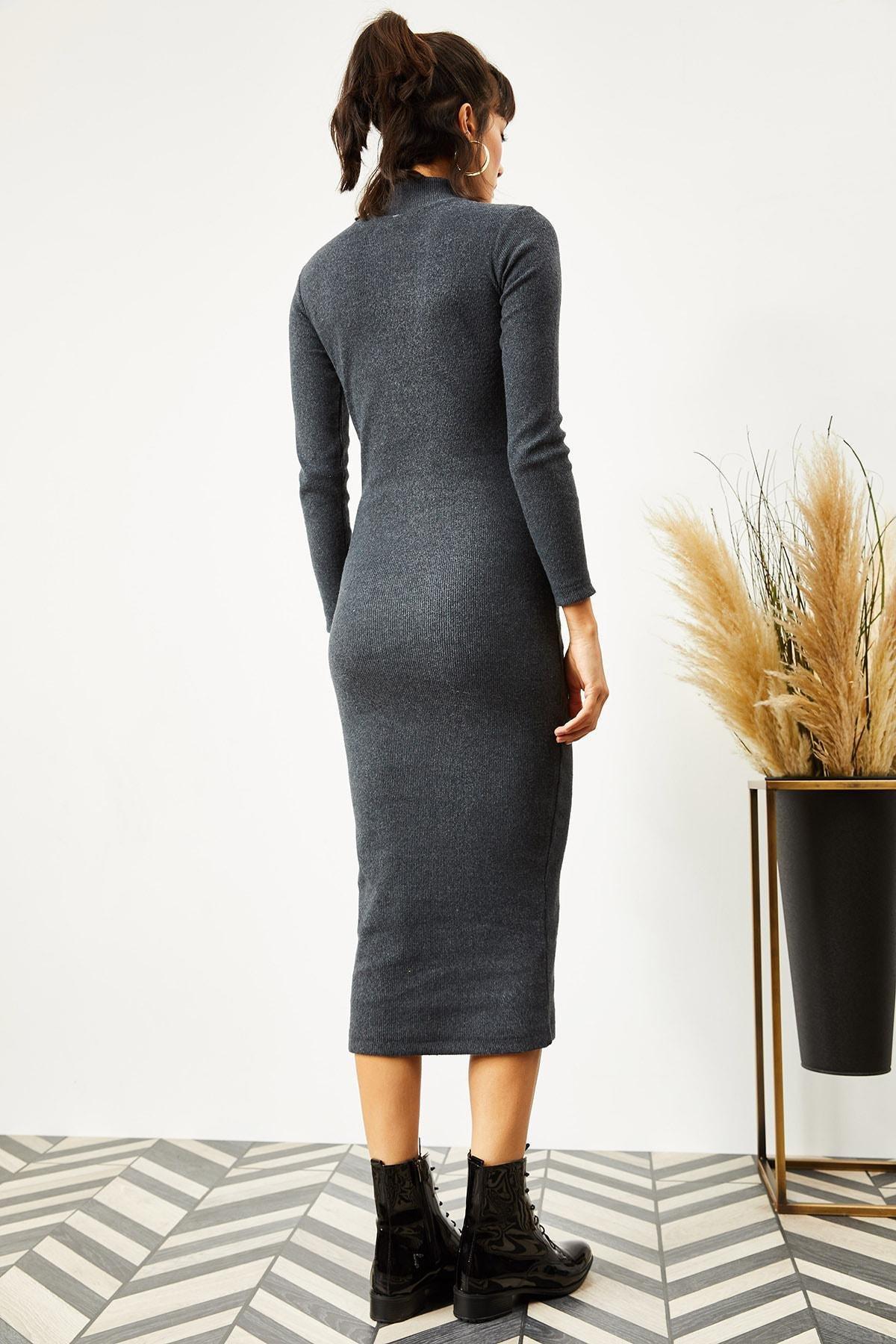 Grey Lycra Raised Long Camisole Dress, Anthracite, large image number 2