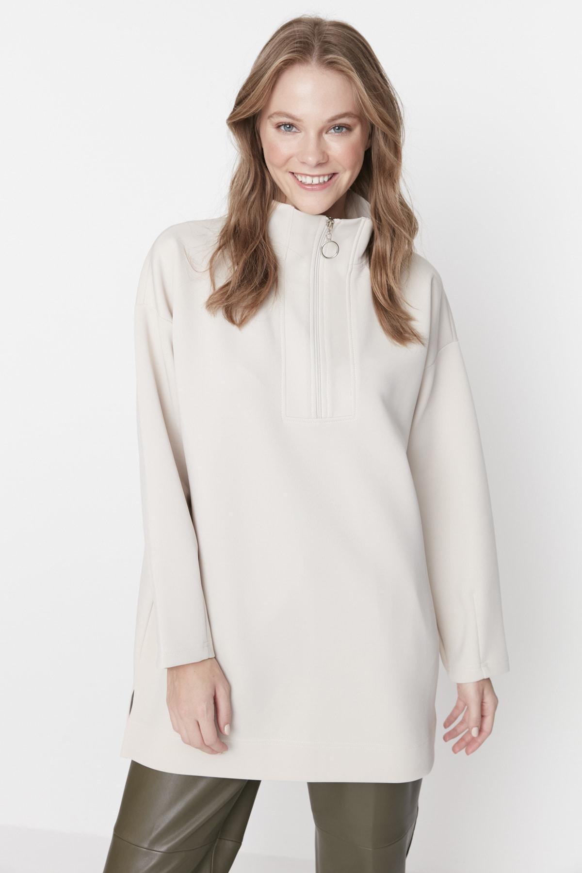Grey Standing Collar Fitted Sweatshirt, , large image number 0
