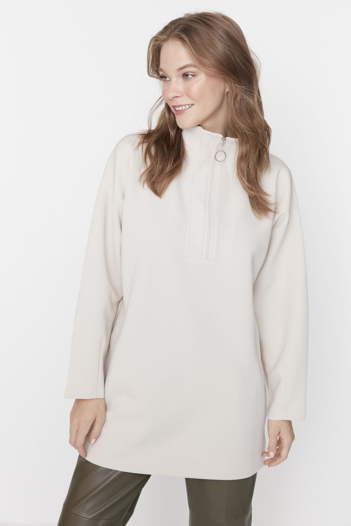 Grey Standing Collar Fitted Sweatshirt, , large image number 1