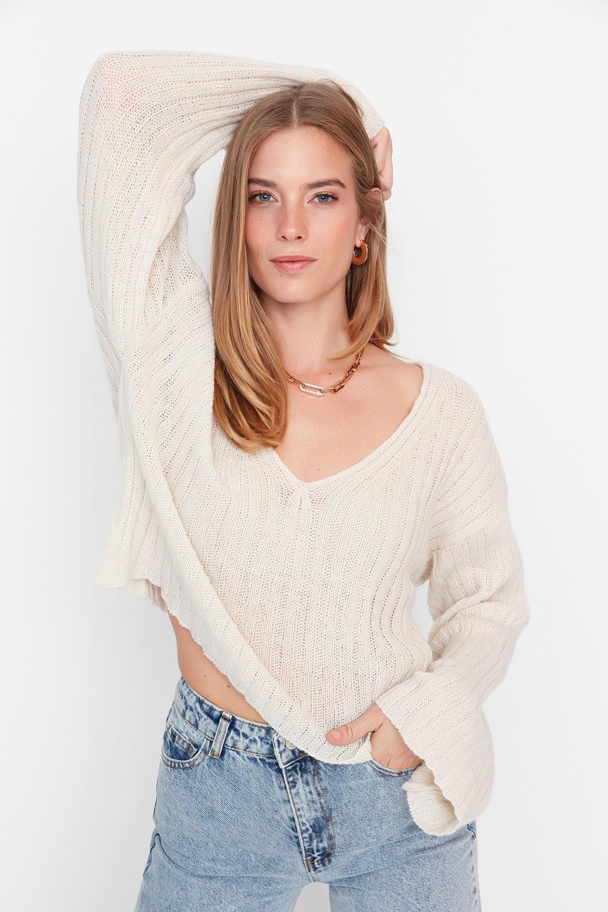 Beige V-Neck Oversize Sweater, , large image number 1