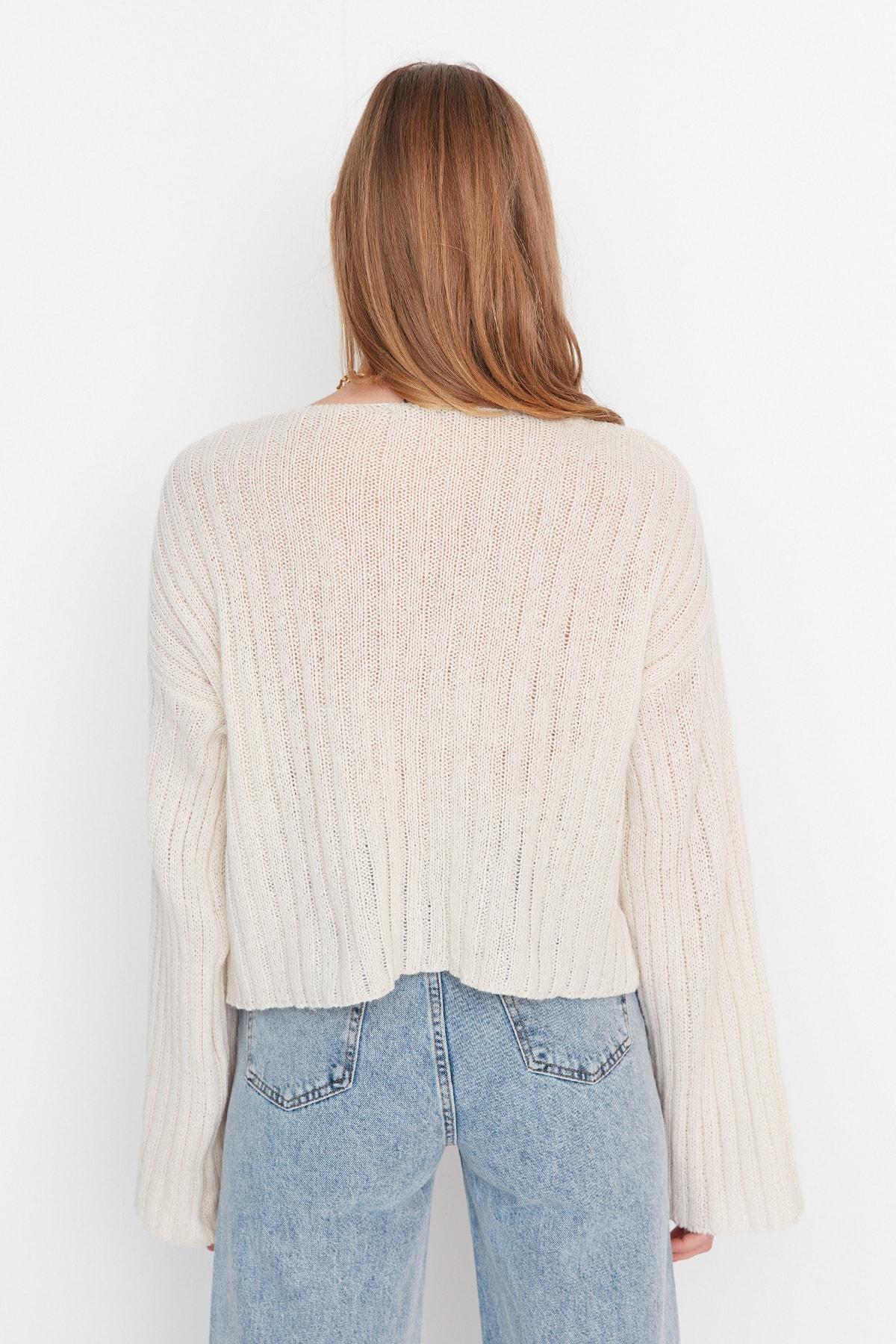 Beige V-Neck Oversize Sweater, , large image number 5