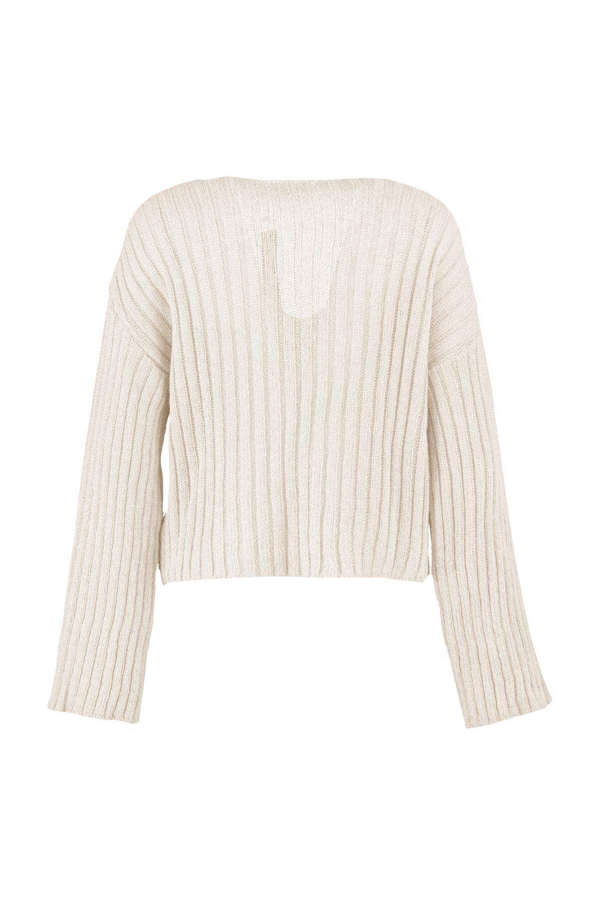 Beige V-Neck Oversize Sweater, , large image number 6