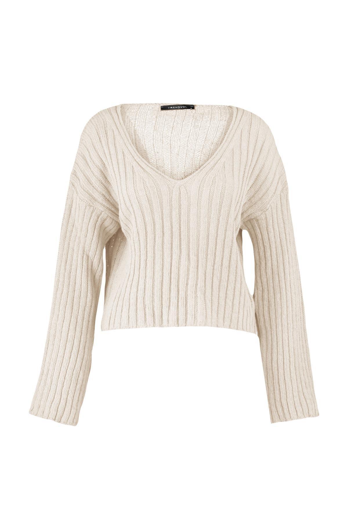 Beige V-Neck Oversize Sweater, , large image number 7