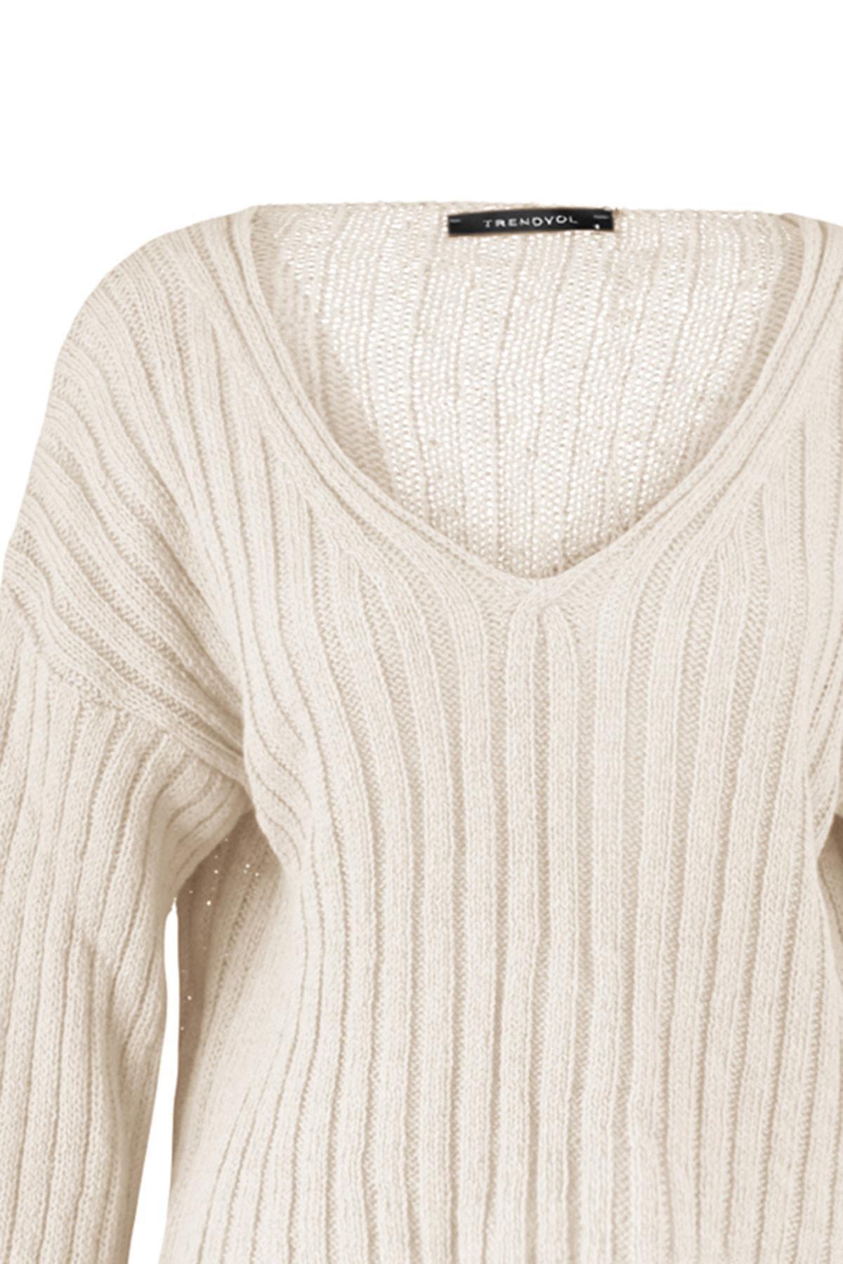 Beige V-Neck Oversize Sweater, , large image number 8