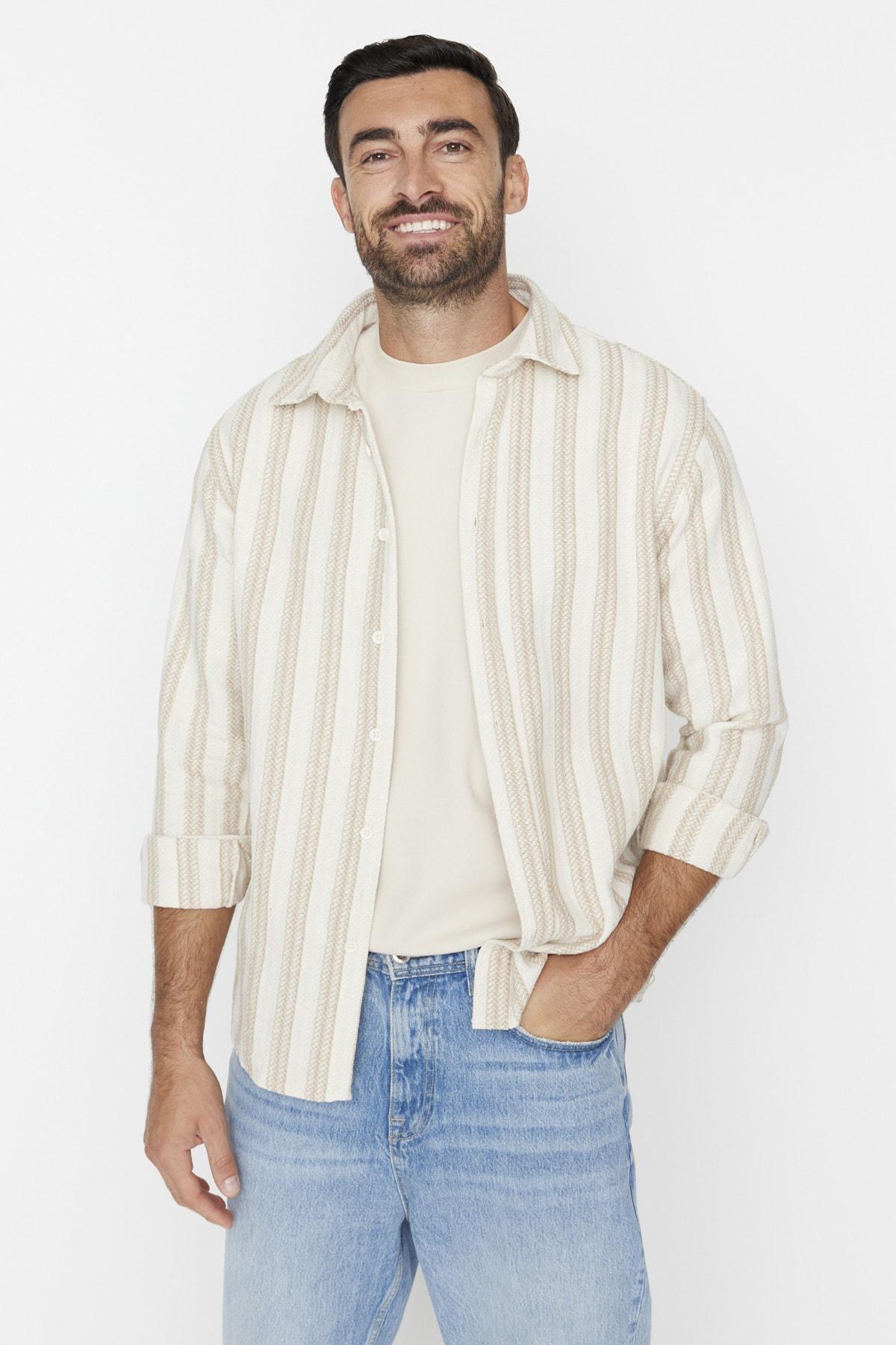 Beige Fitted Cotton Striped Shirt, , large image number 0