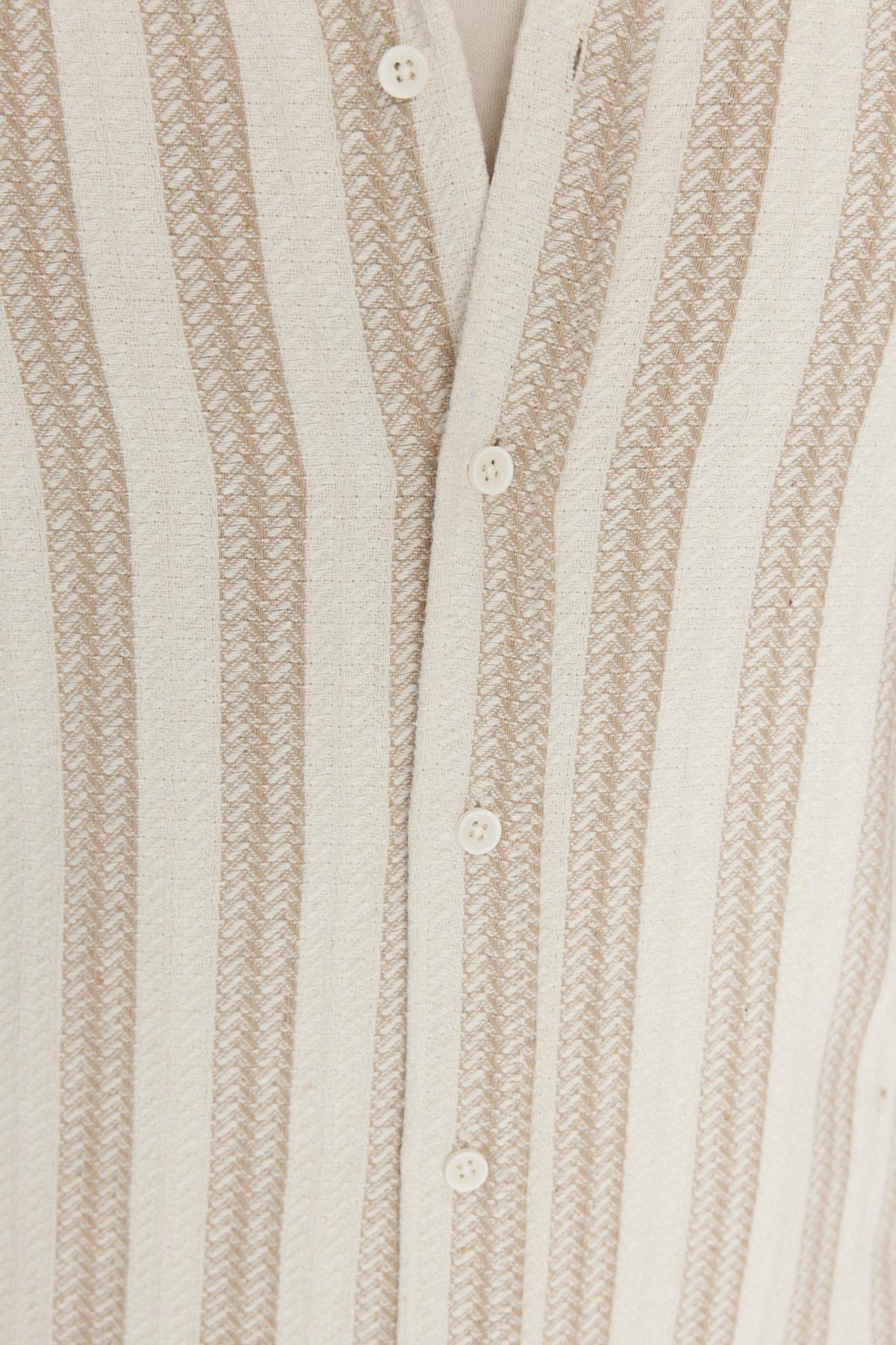 Beige Fitted Cotton Striped Shirt, , large image number 1
