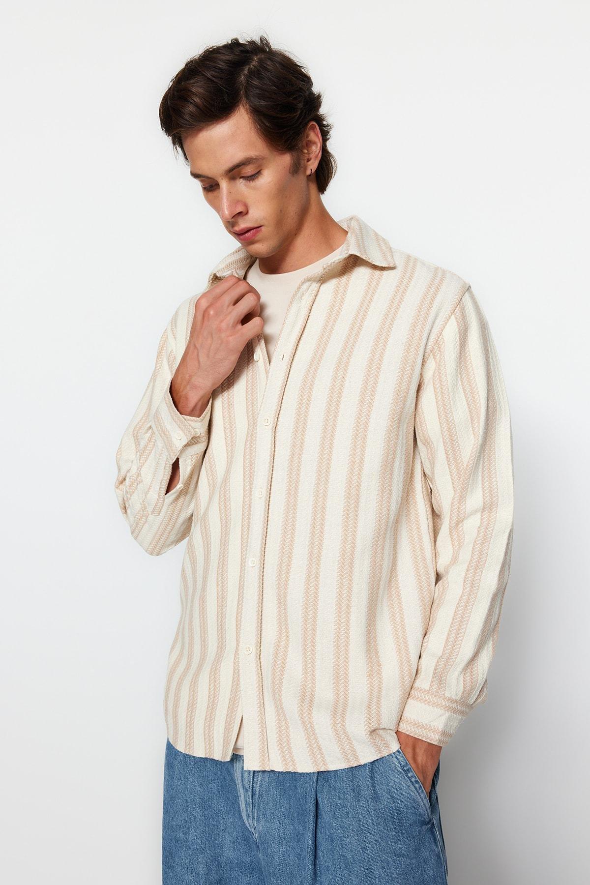 Beige Fitted Cotton Striped Shirt, , large image number 2