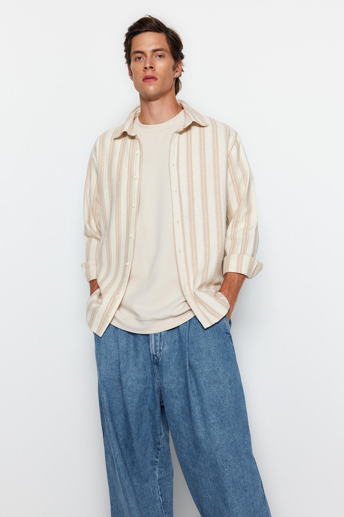 Beige Fitted Cotton Striped Shirt, , large image number 3