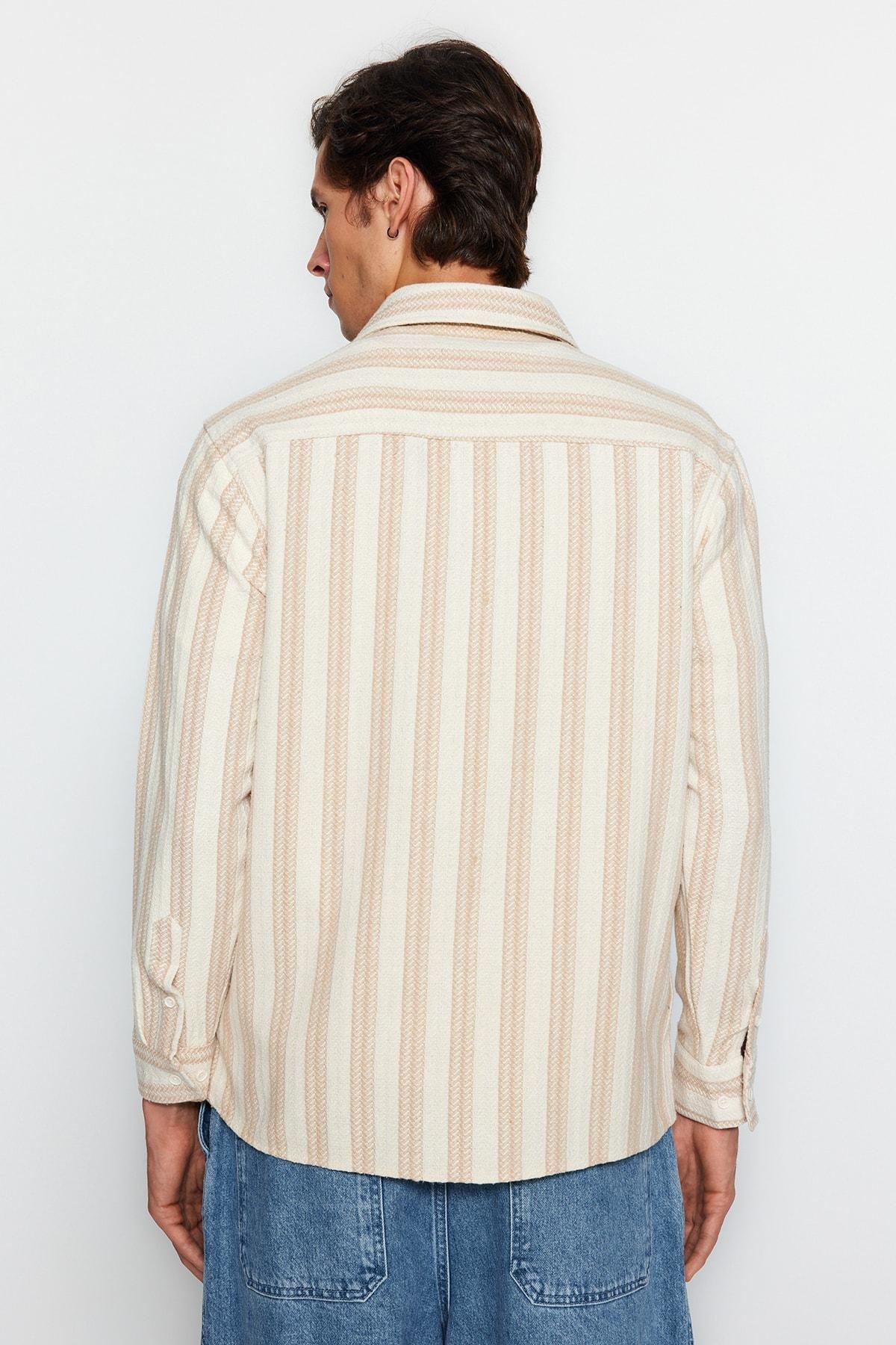 Beige Fitted Cotton Striped Shirt, , large image number 4