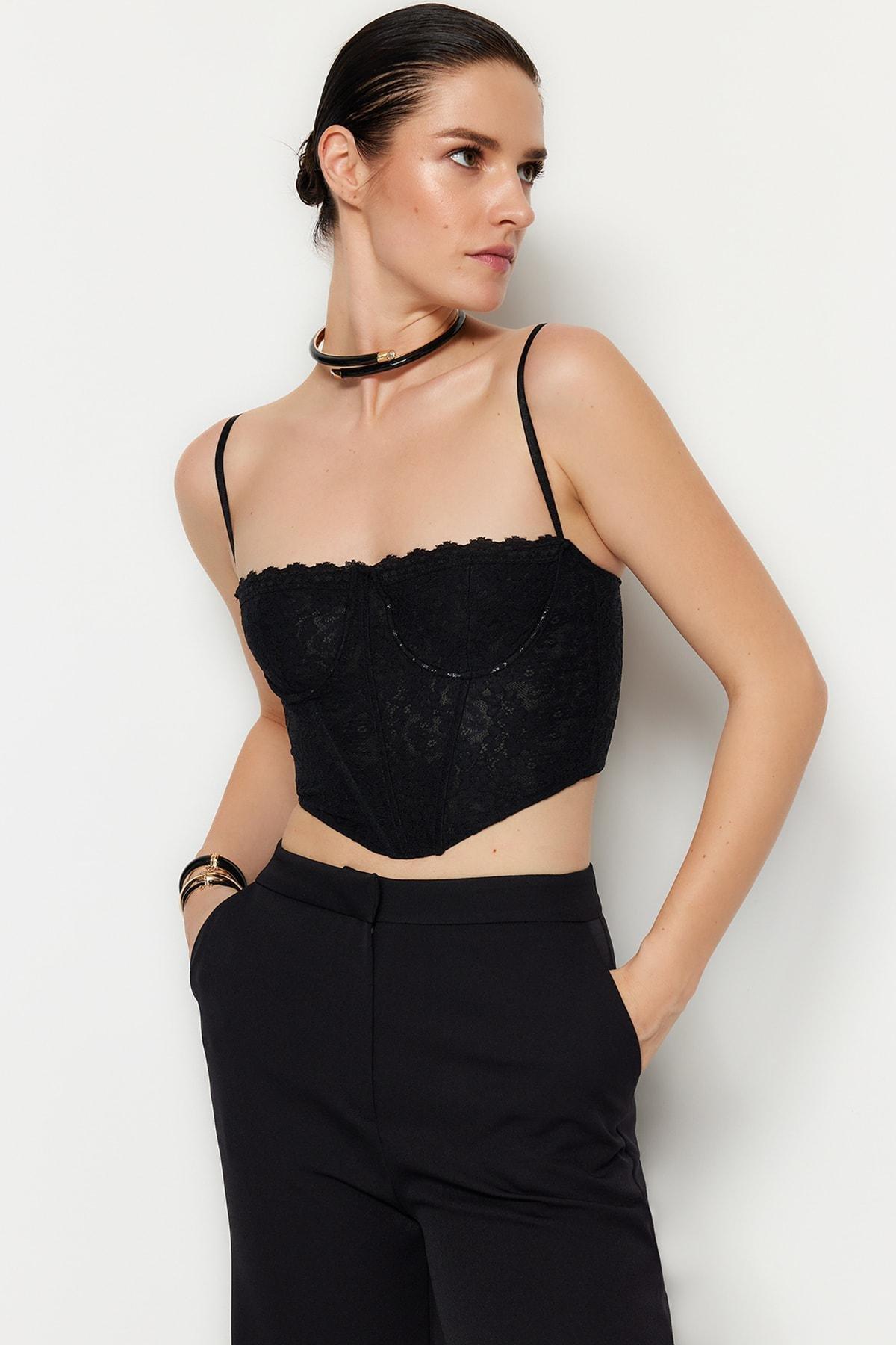 Black Lace Detail Crop Top, , large image number 0