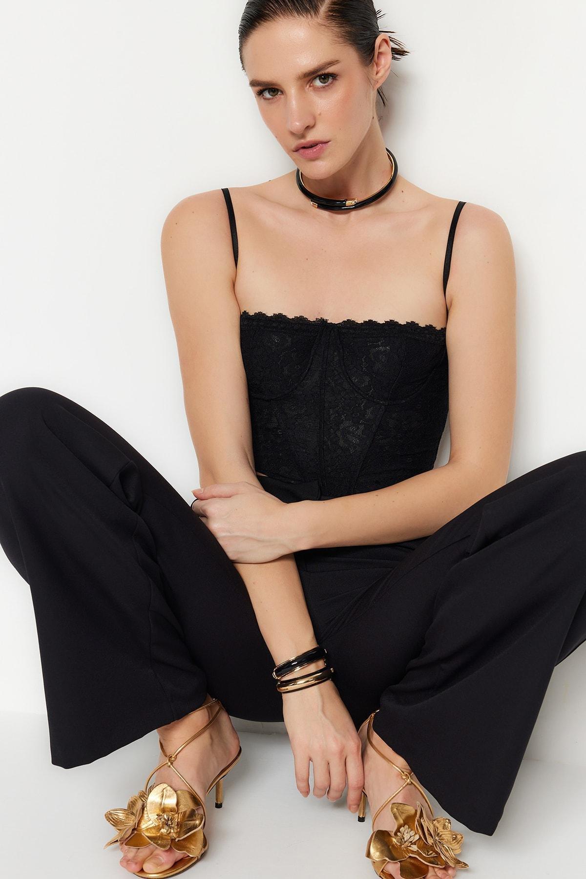 Black Lace Detail Crop Top, , large image number 1