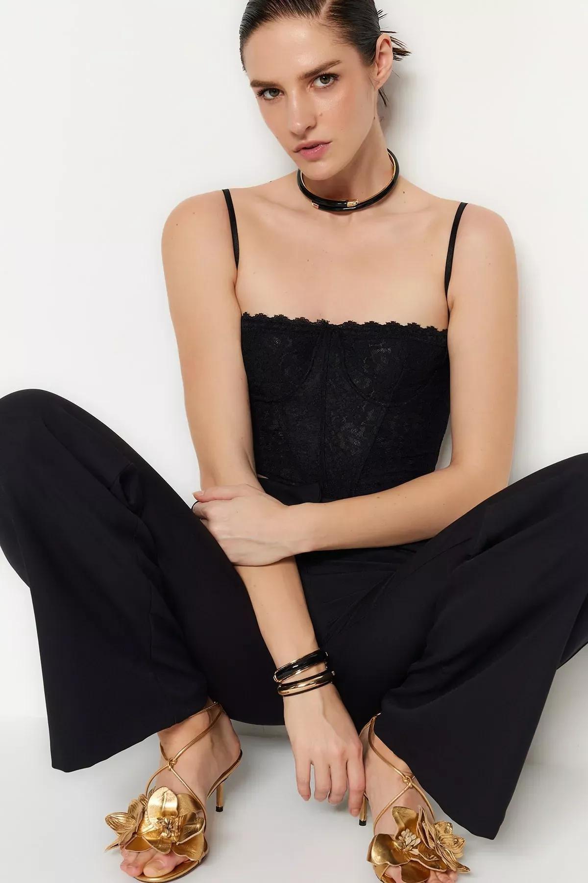 Black Lace Detail Crop Top, , large image number 1