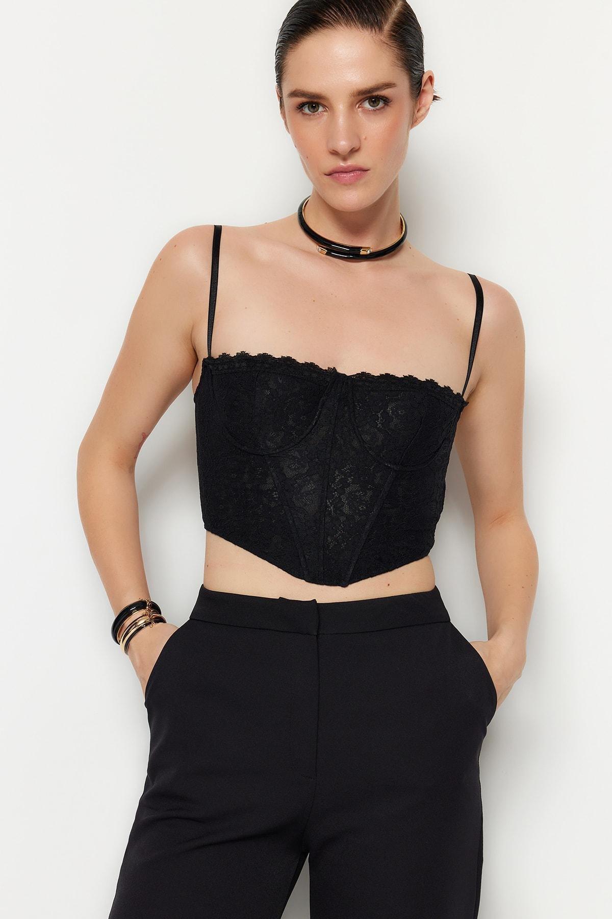 Black Lace Detail Crop Top, , large image number 2