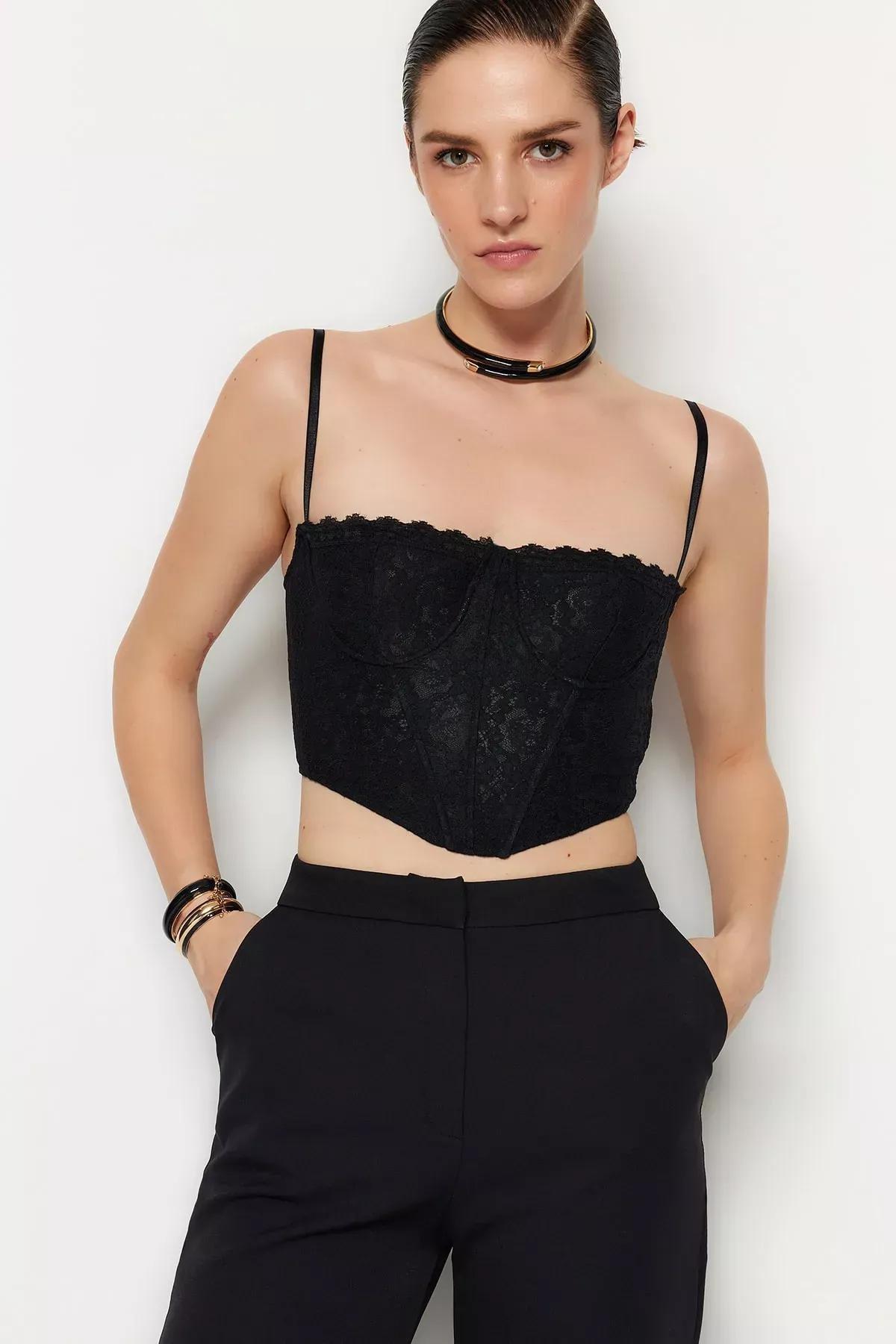 Black Lace Detail Crop Top, , large image number 2