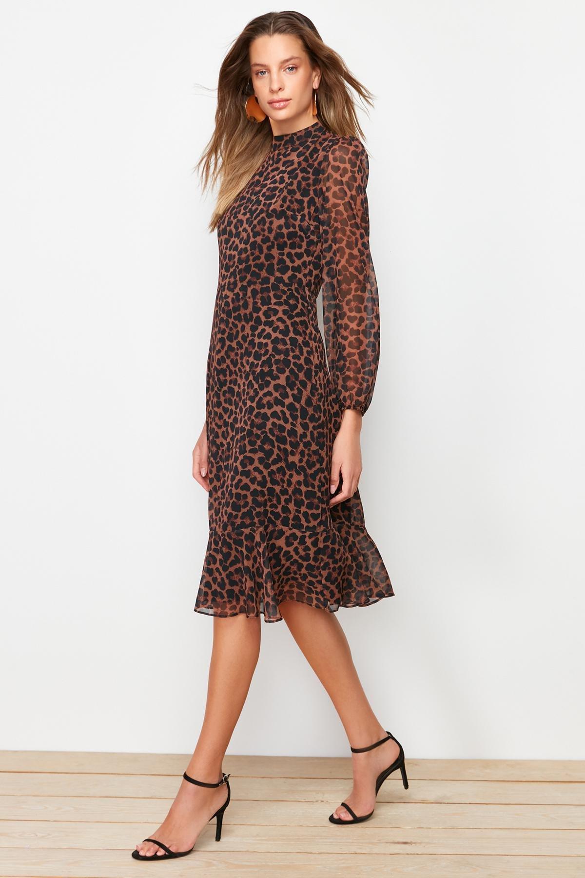 Brown Leopard Print Lined Chiffon Midi Dress, , large image number 0