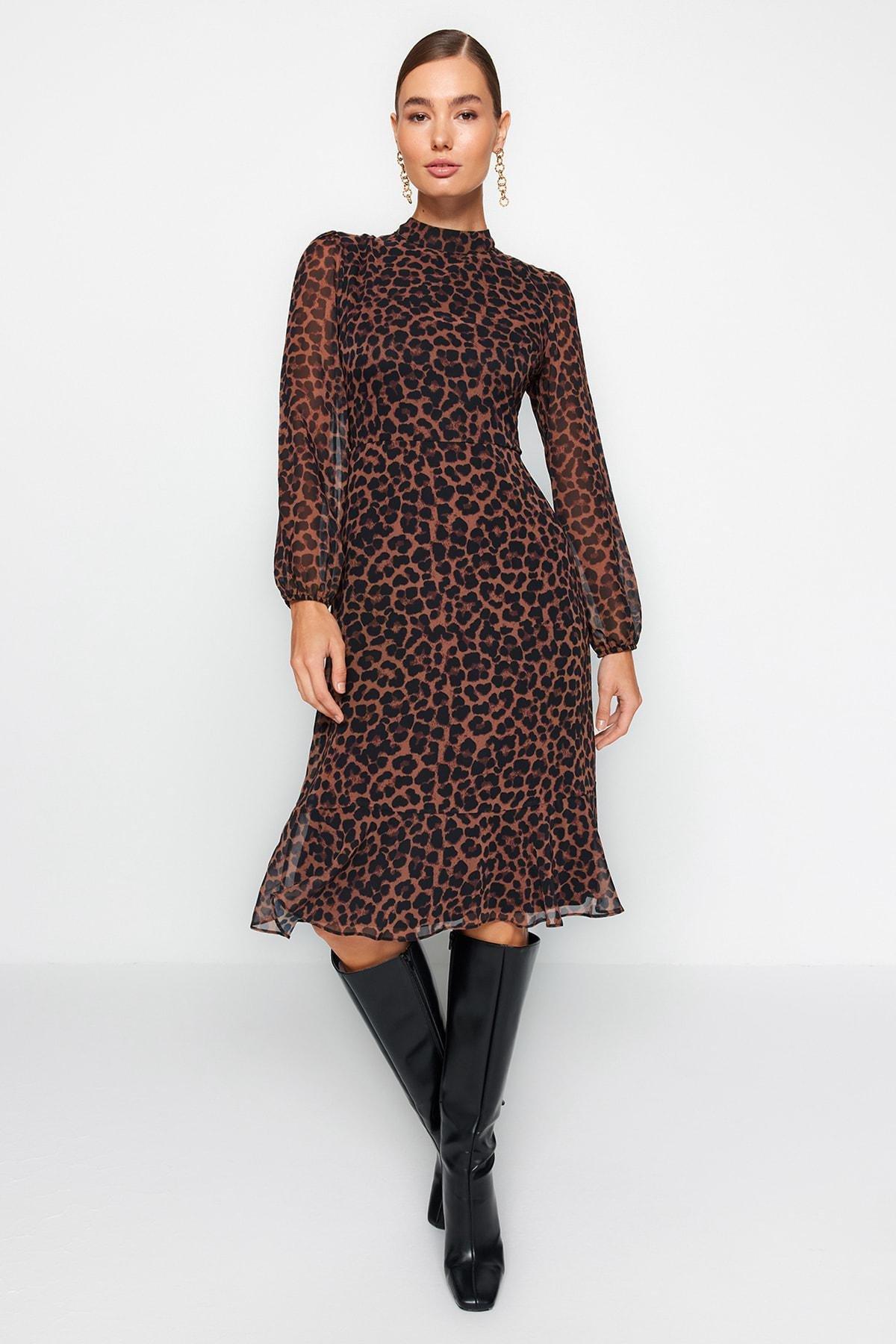 Brown Leopard Print Lined Chiffon Midi Dress, , large image number 1