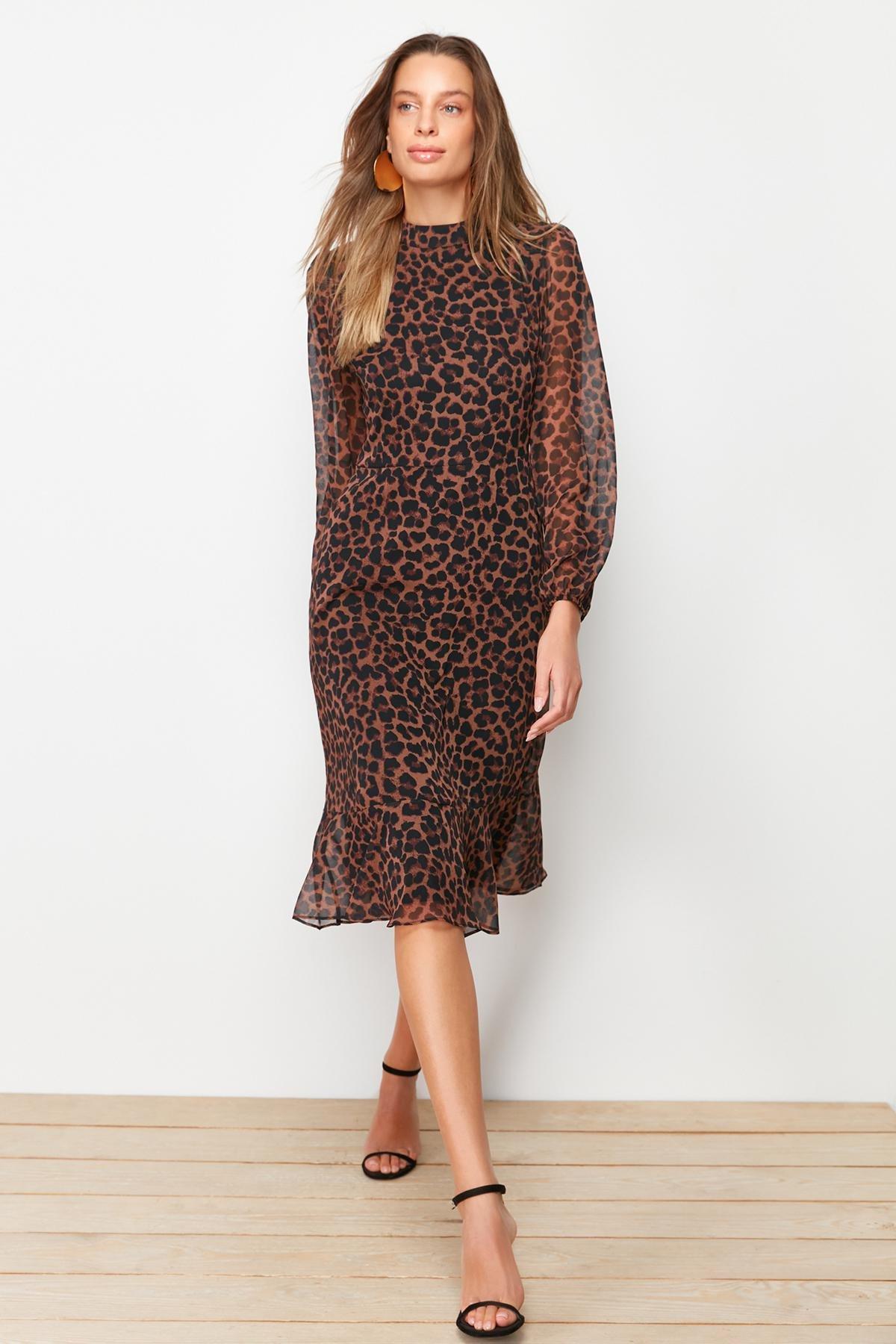Brown Leopard Print Lined Chiffon Midi Dress, , large image number 2