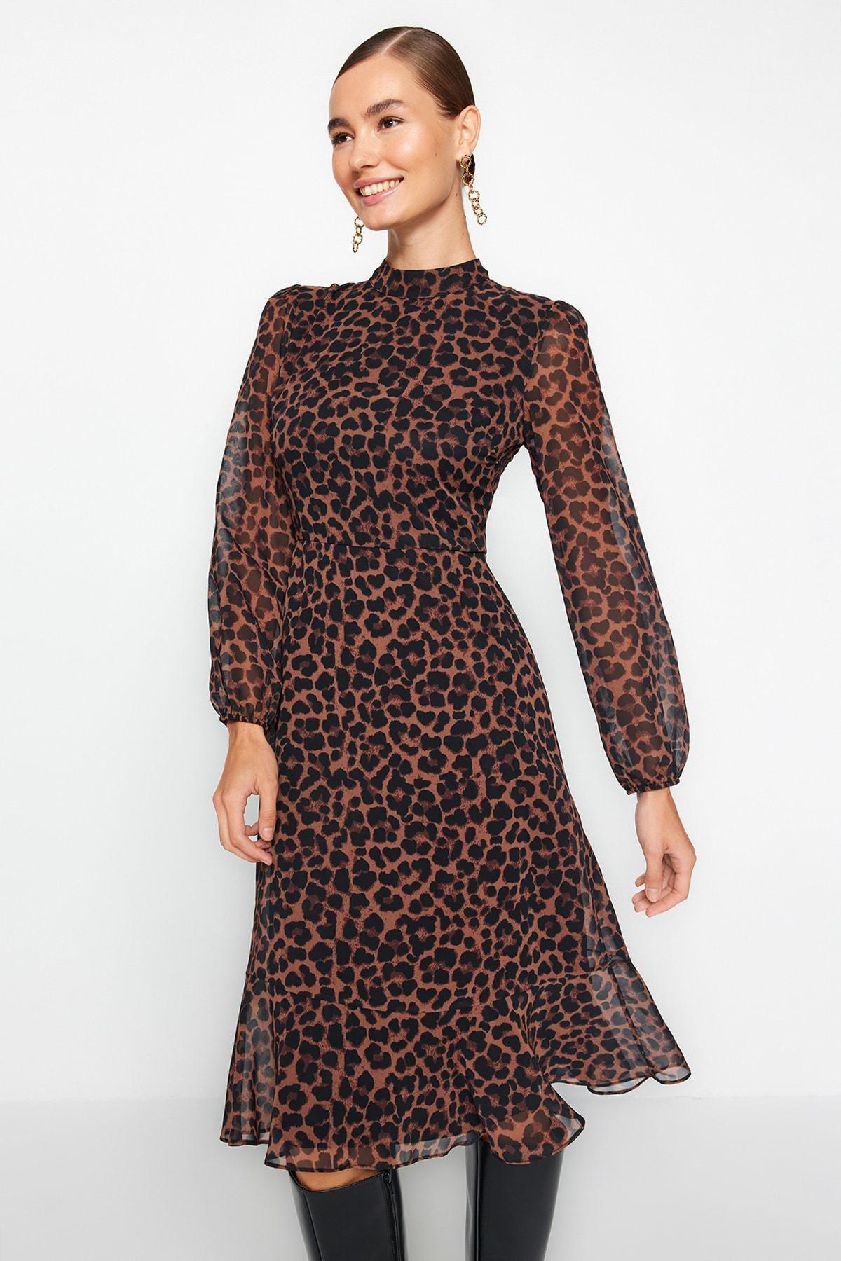 Brown Leopard Print Lined Chiffon Midi Dress, , large image number 3