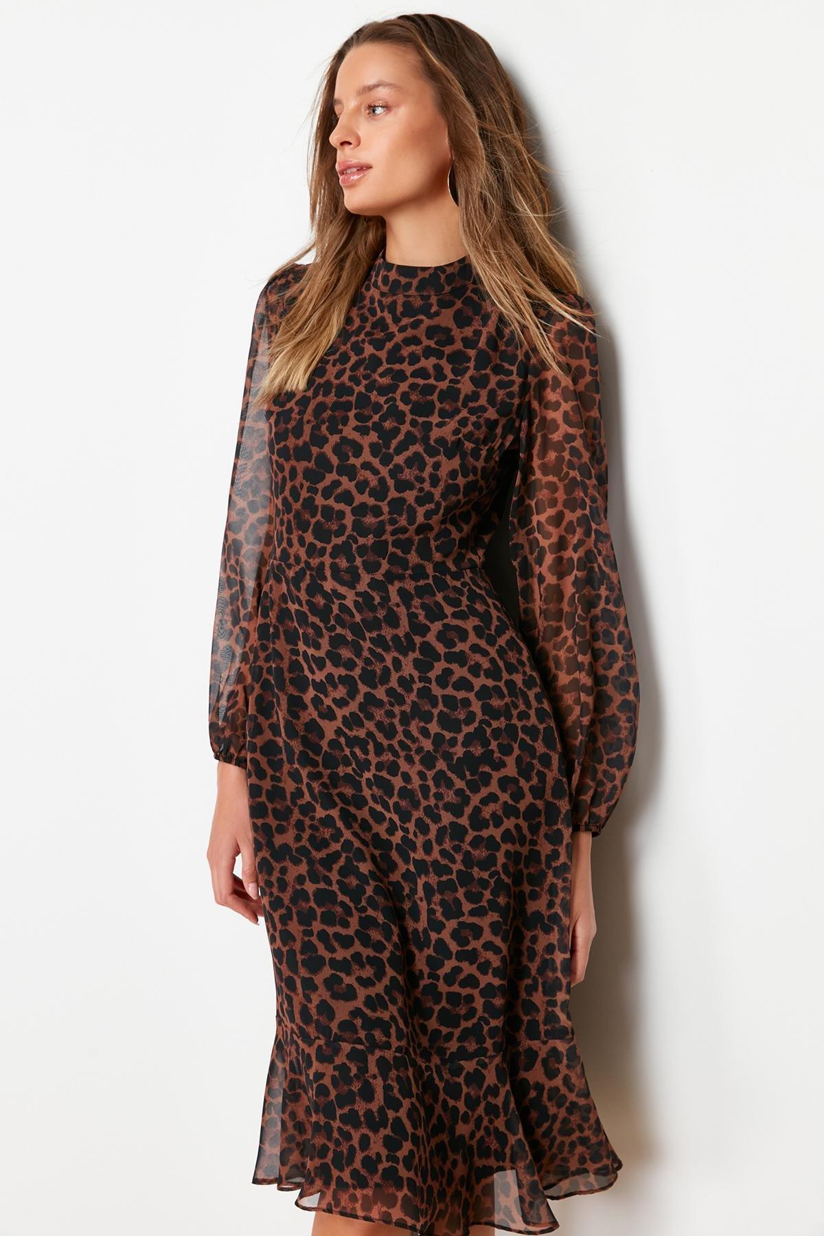 Brown Leopard Print Lined Chiffon Midi Dress, , large image number 4