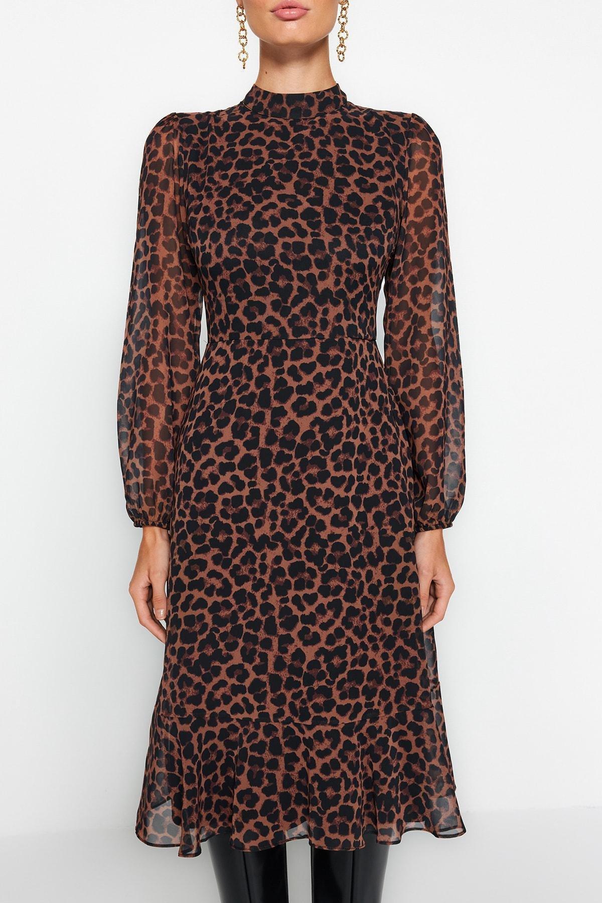 Brown Leopard Print Lined Chiffon Midi Dress, , large image number 5