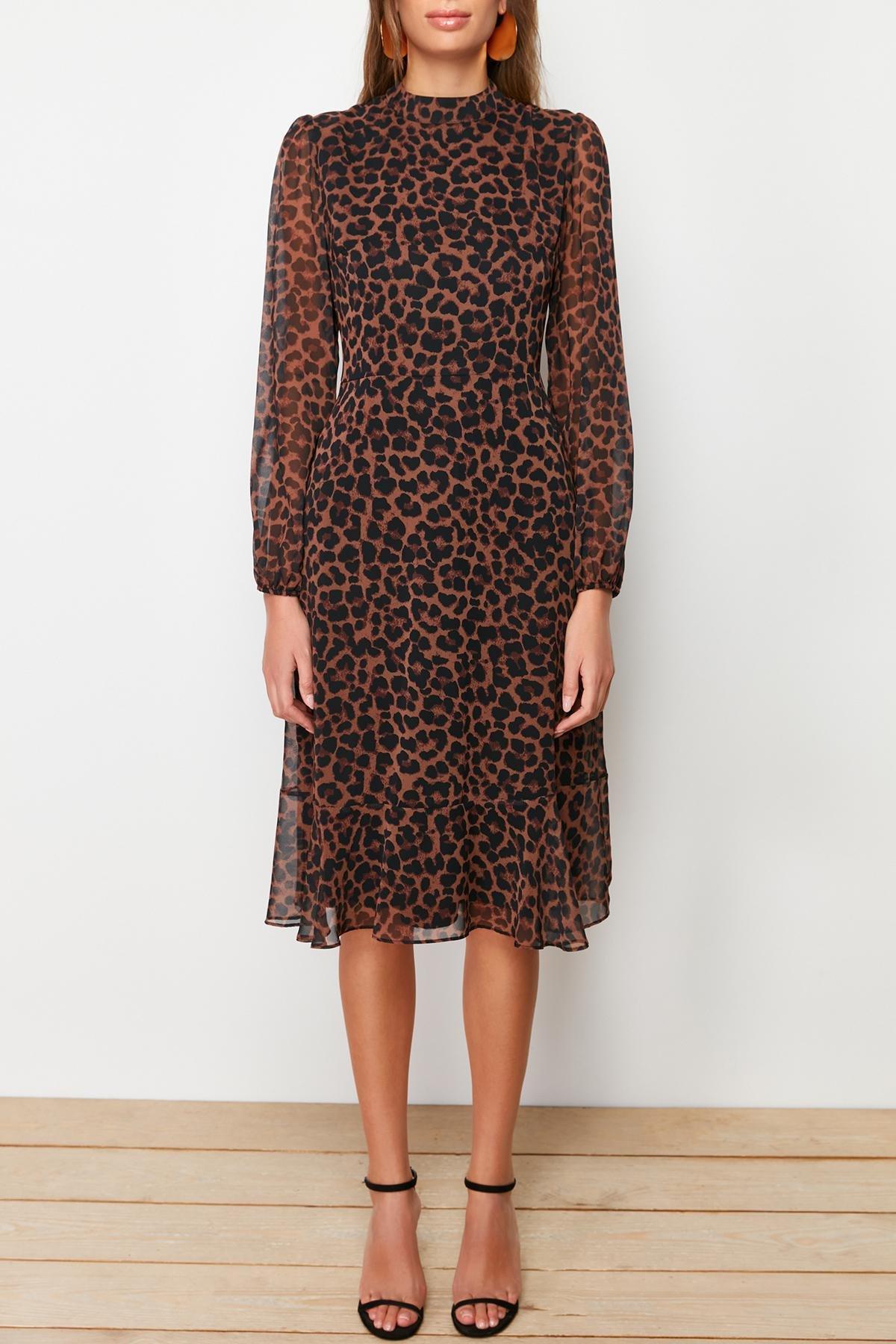 Brown Leopard Print Lined Chiffon Midi Dress, , large image number 6