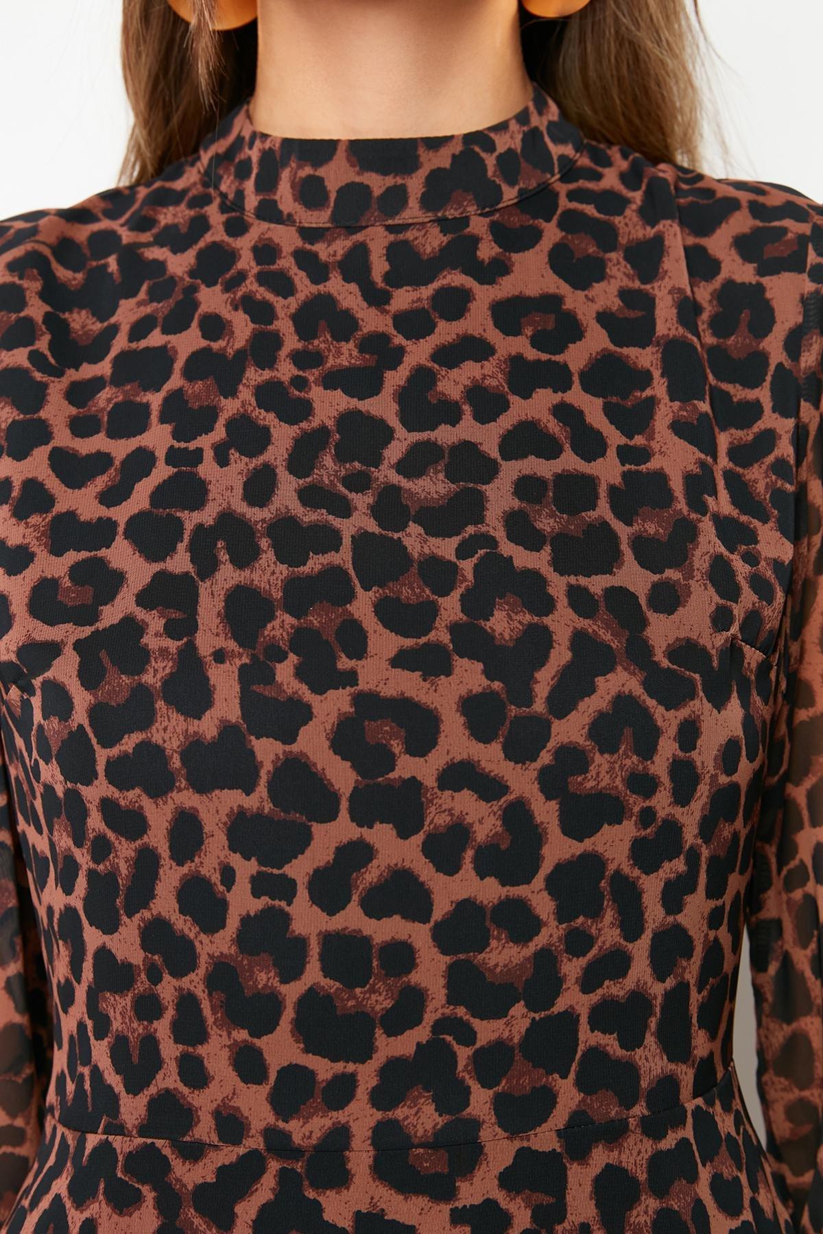 Brown Leopard Print Lined Chiffon Midi Dress, , large image number 8