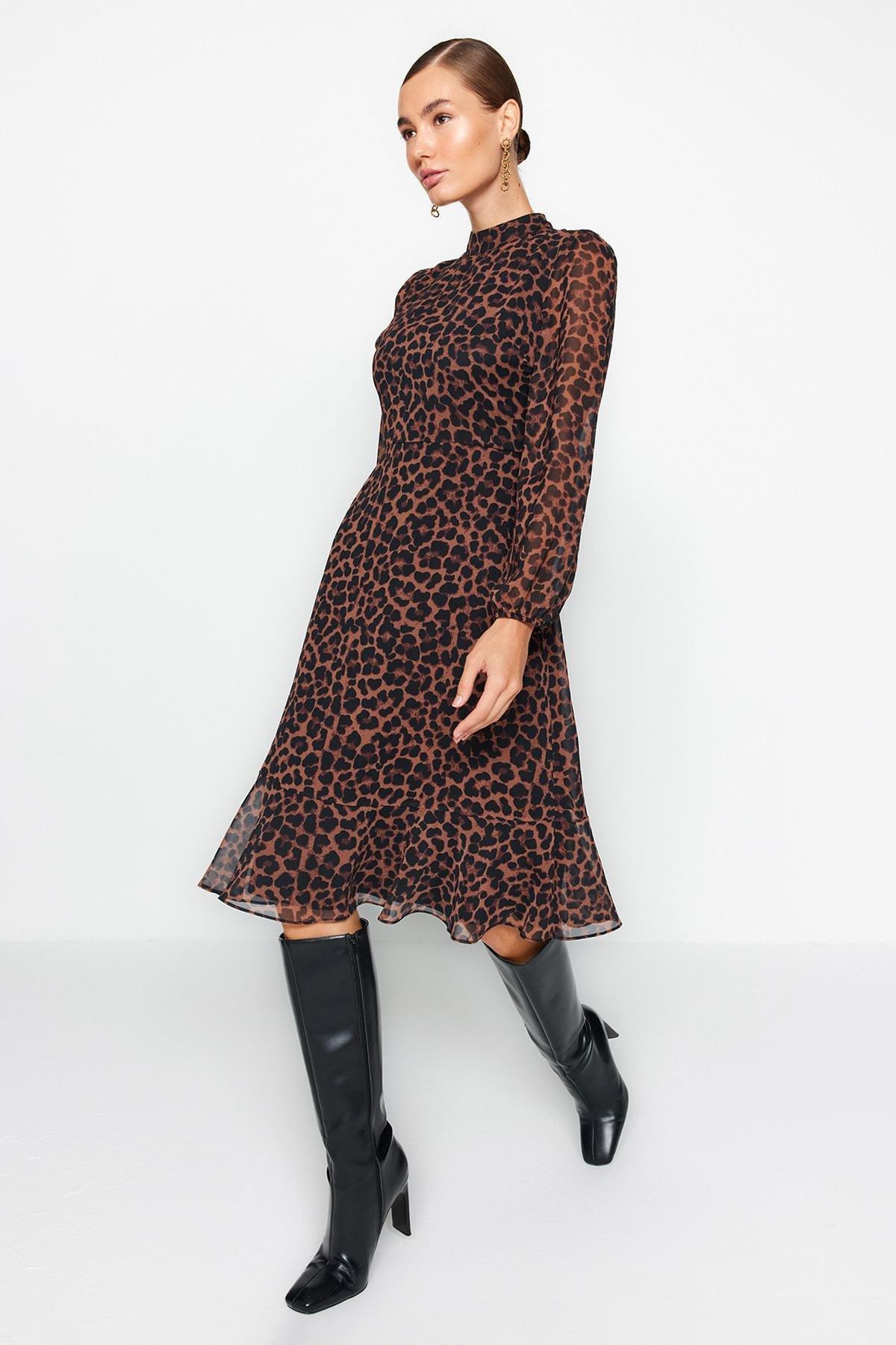 Brown Leopard Print Lined Chiffon Midi Dress, , large image number 9