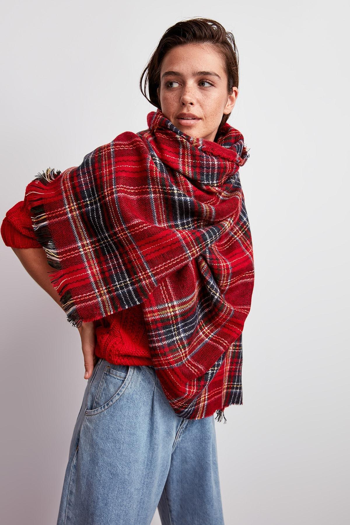 Red Soft Textured Plaid Scarf, Red, large image number 0